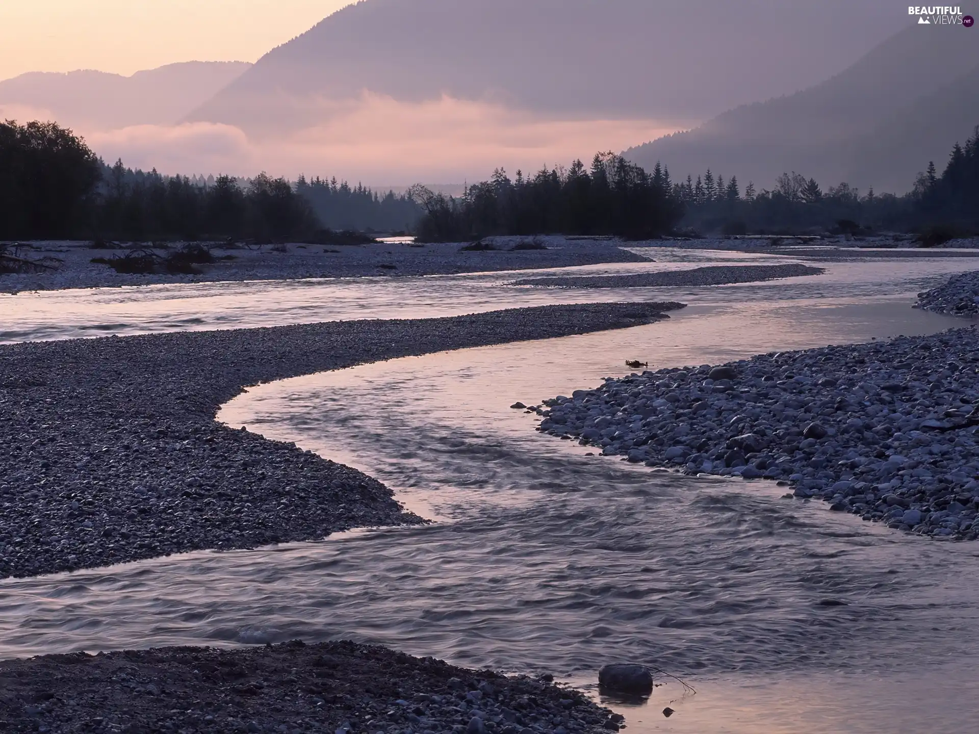 Mountains, River, Stones, forest