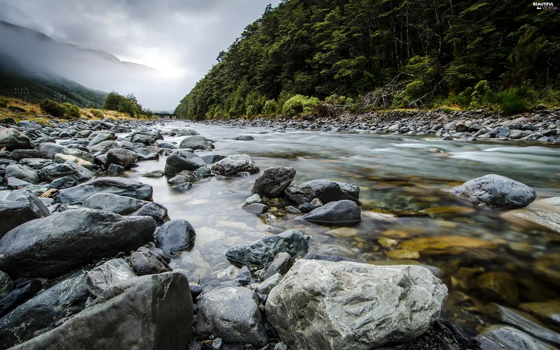 Mountains, River, Stones, forest