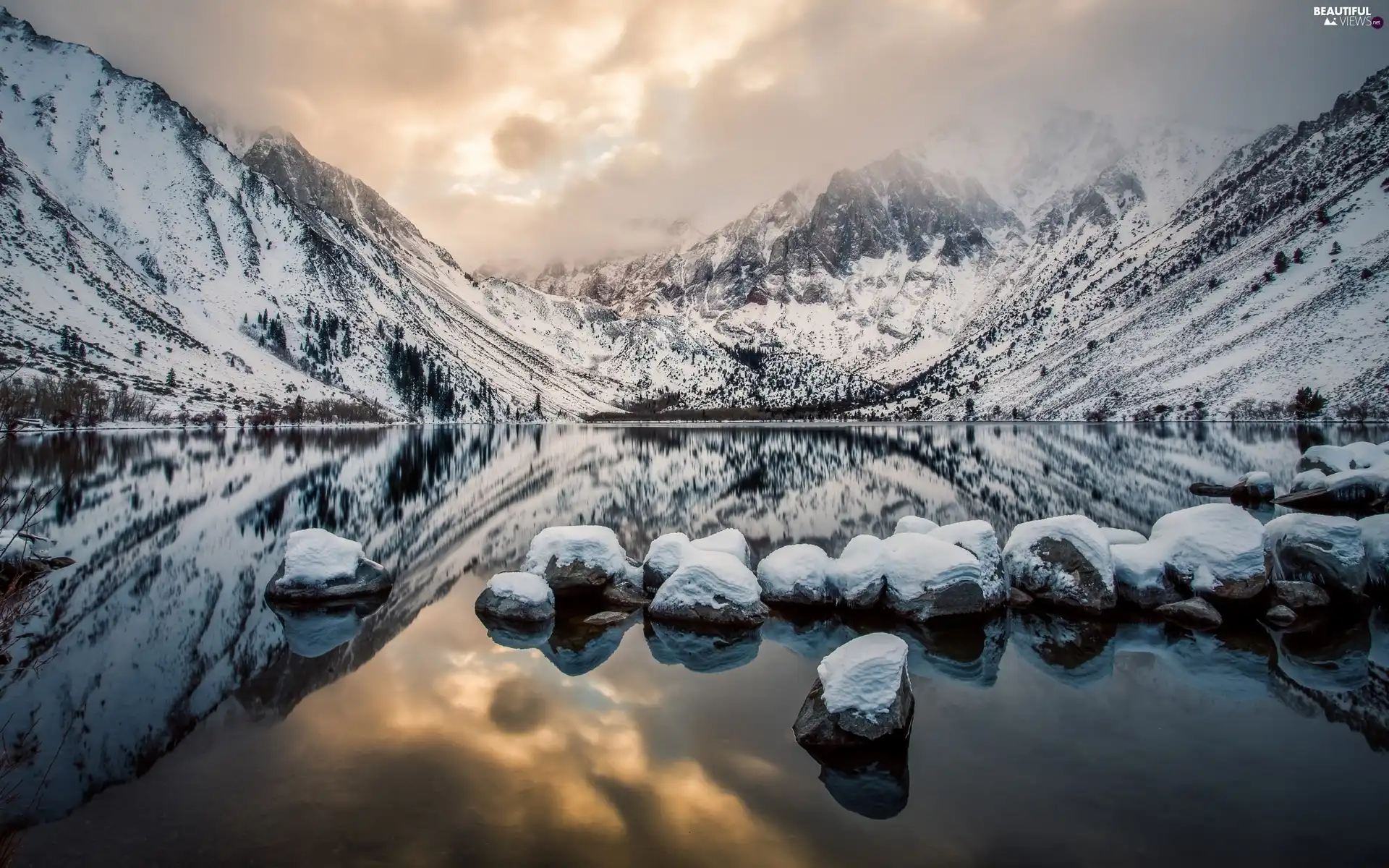 Stones, reflection, winter, lake, Mountains