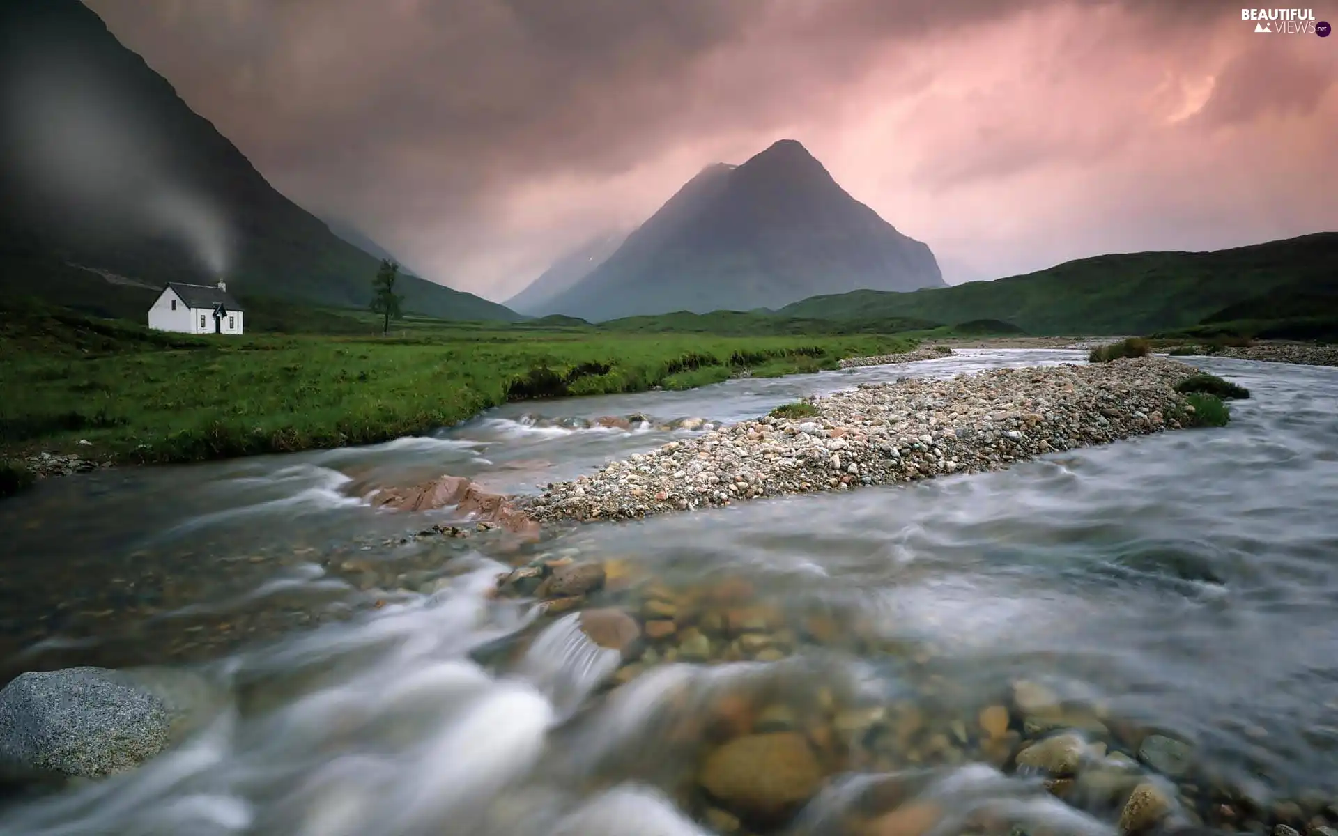 River, medows, Stones, Mountains