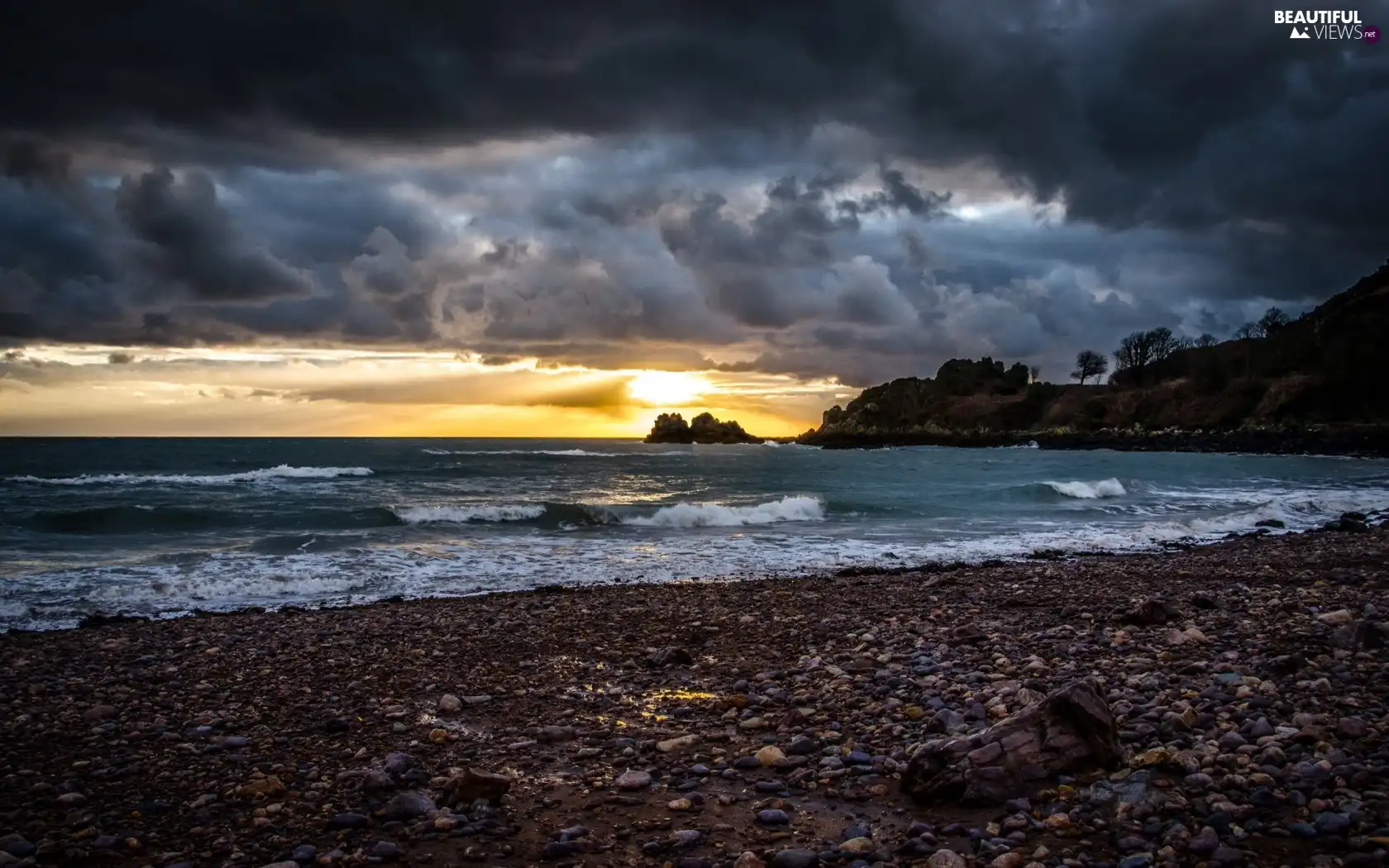 west, sea, Stones, sun