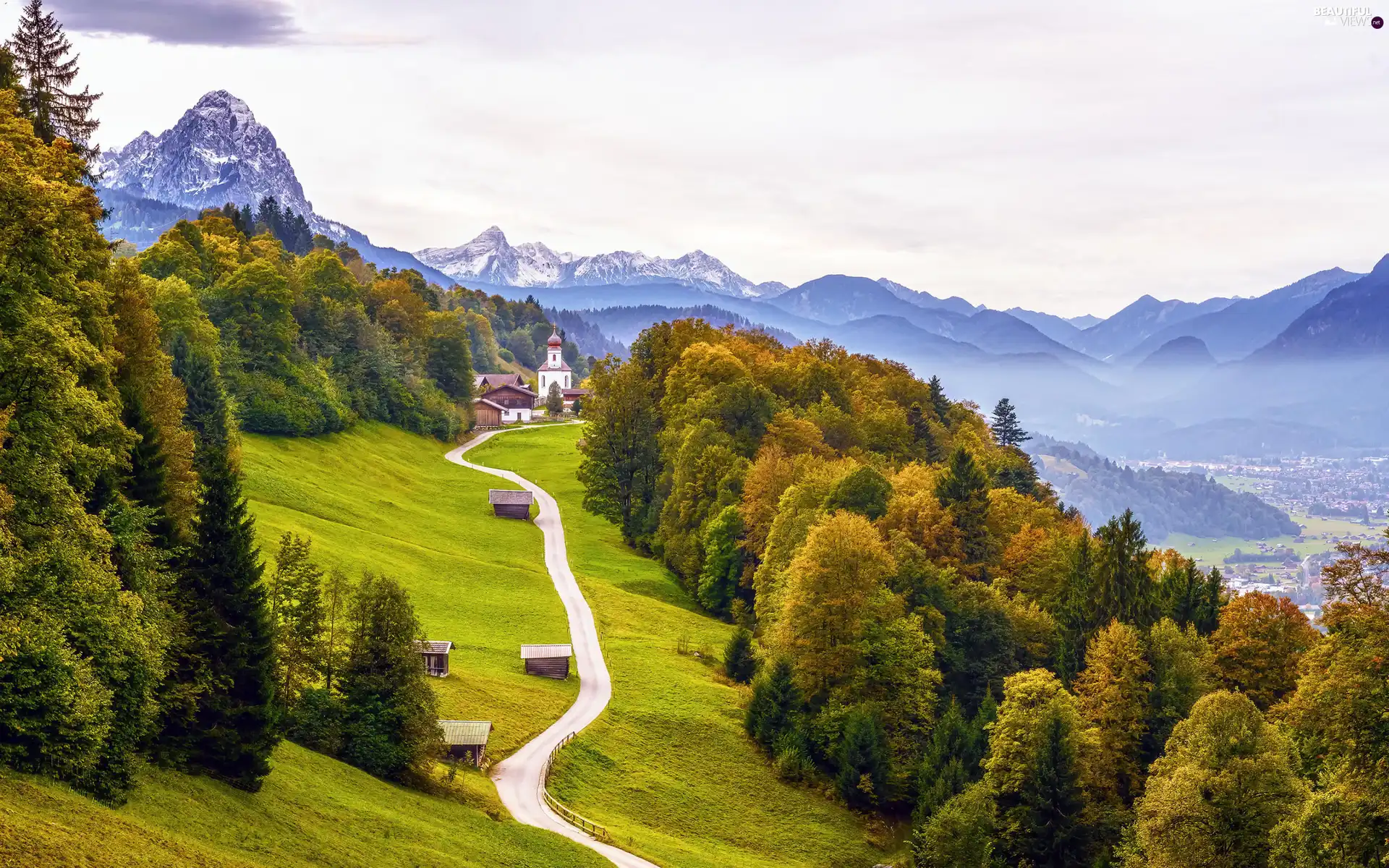 viewes, Mountains, Wamberg Village, wood, Church of Sts. Anna, Germany, Bavarian Alps, Houses, Way, trees