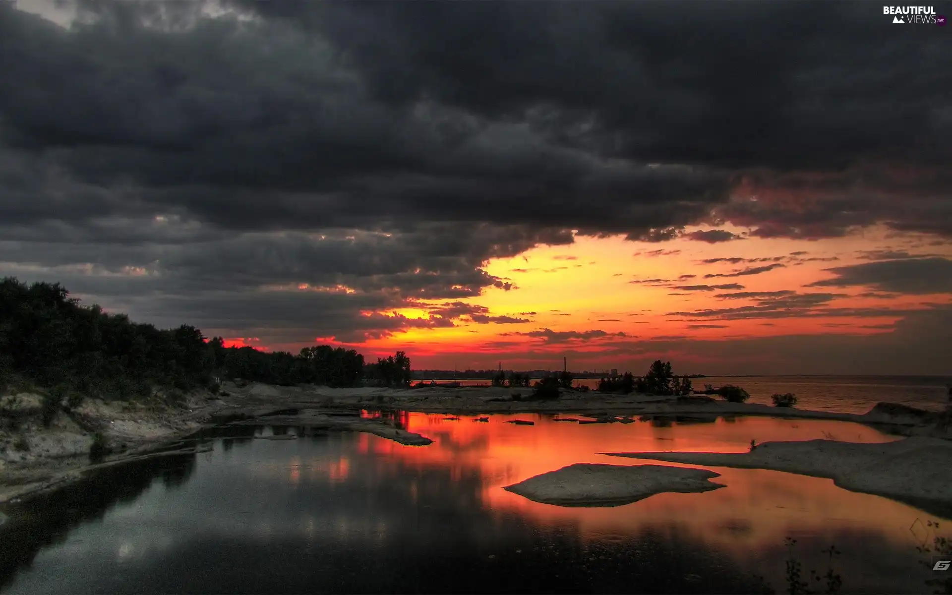 clouds, west, sun, lake