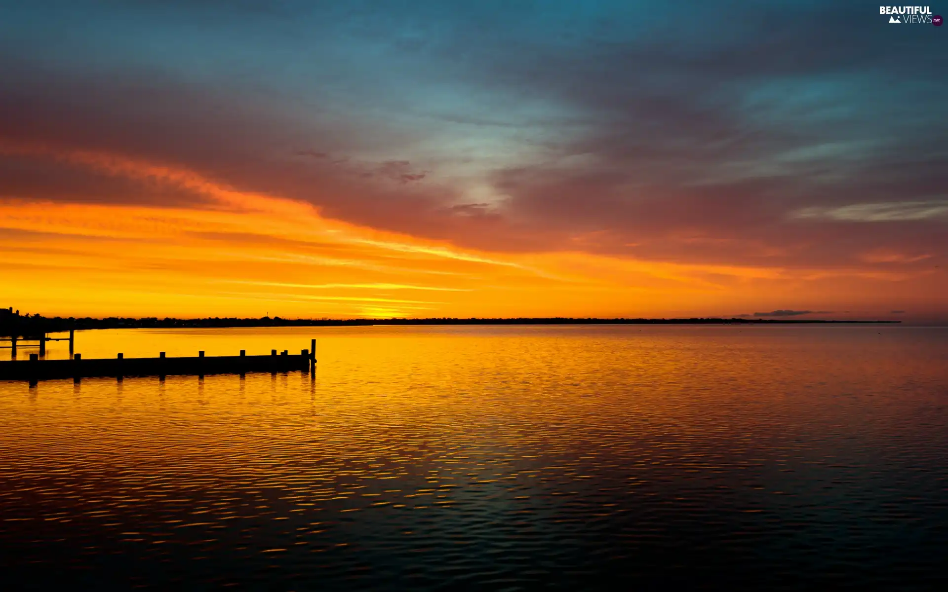 lake, west, sun, pier