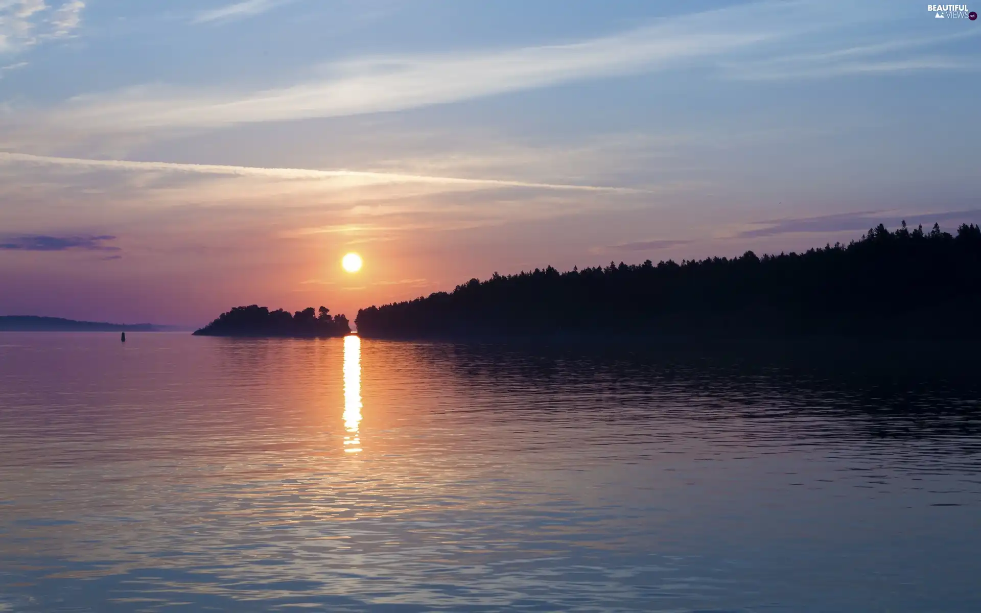 lake, west, sun, woods