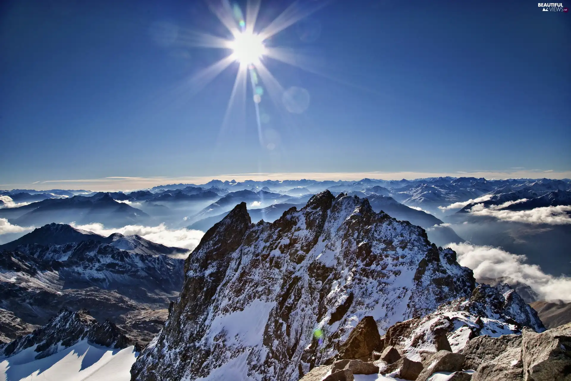 sun, peaks, Mountains