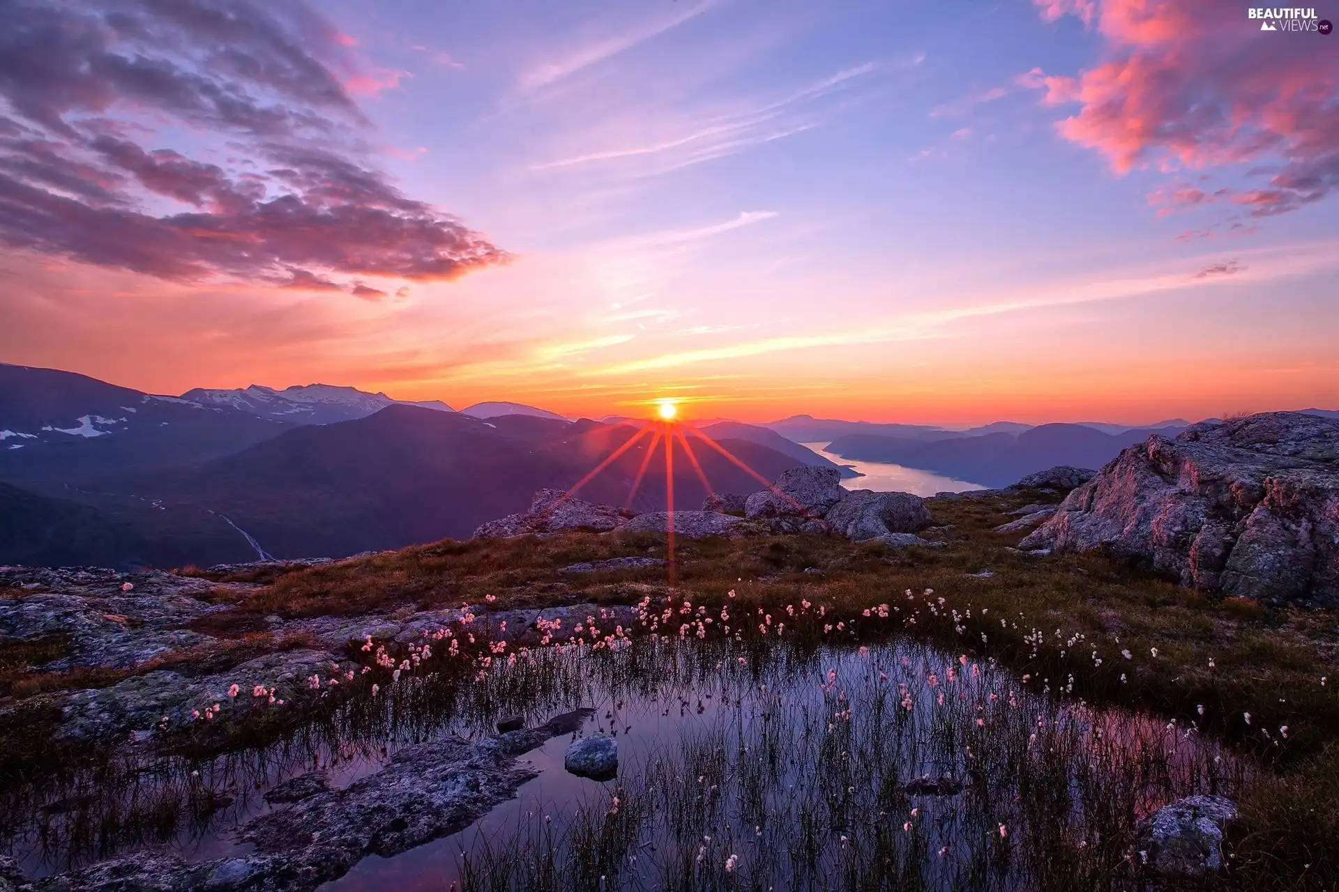 sun, River, Beatyfull, west, Mountains