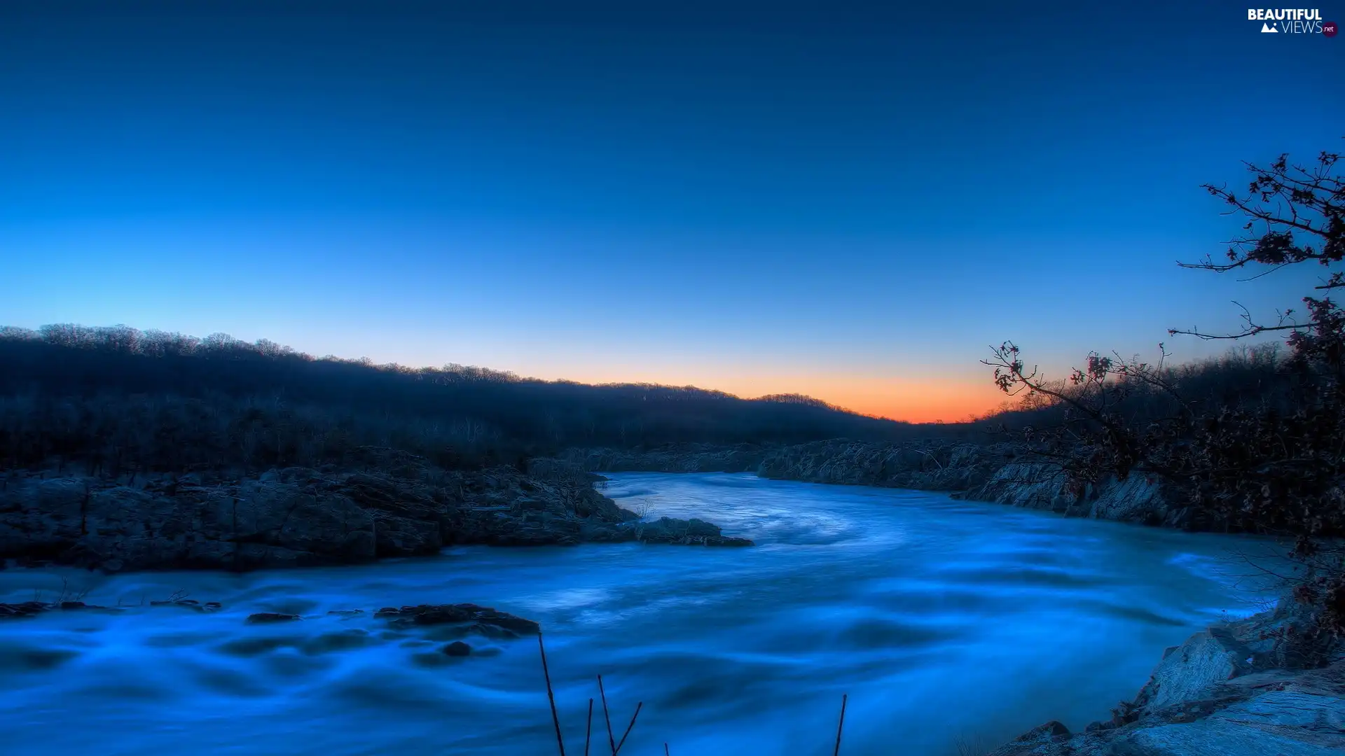 River, west, sun, woods