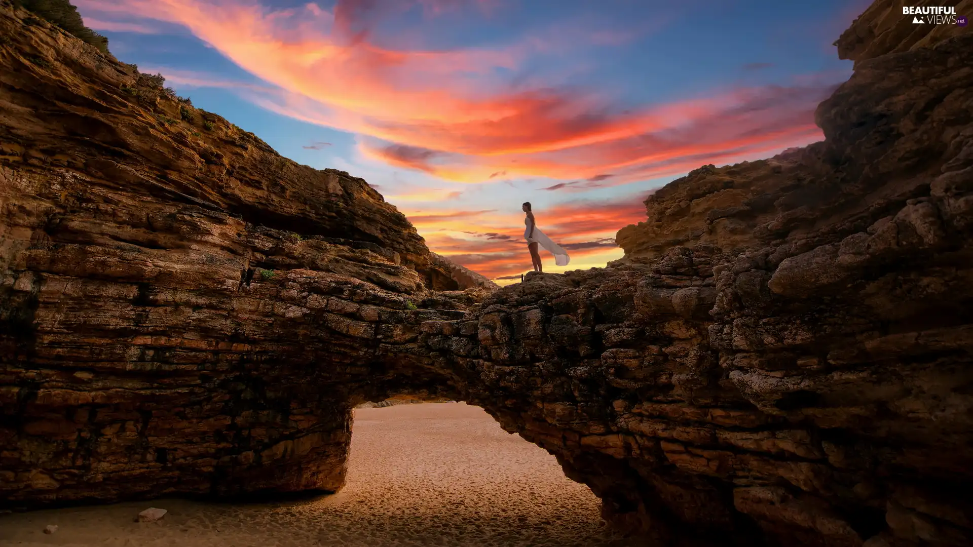 Sand, Rocks, clouds, Sunrise, Women, Beaches