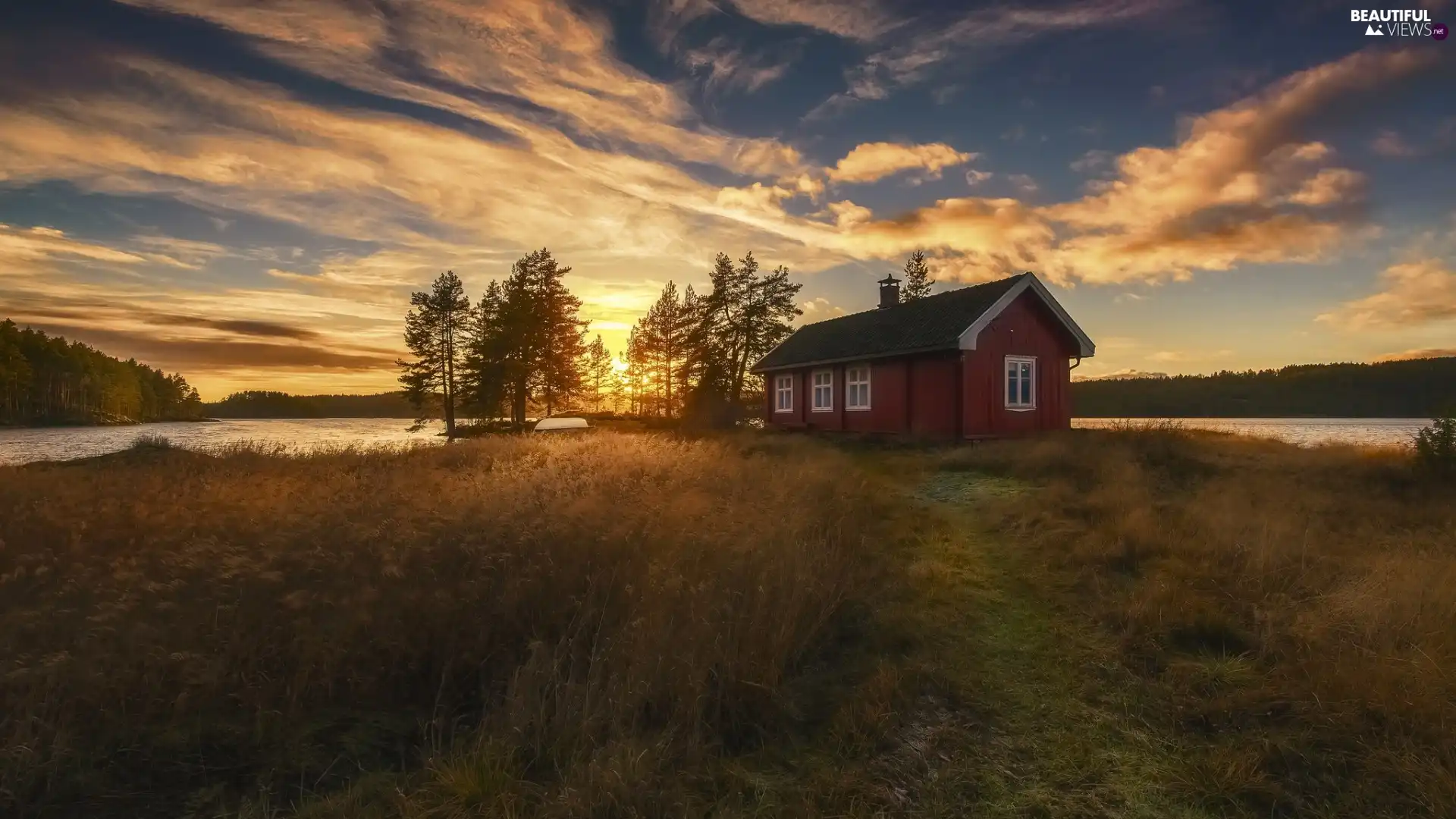 Vaeleren Lake, Home, Ringerike Municipality, Norway, Sunrise, clouds, trees, viewes, grass