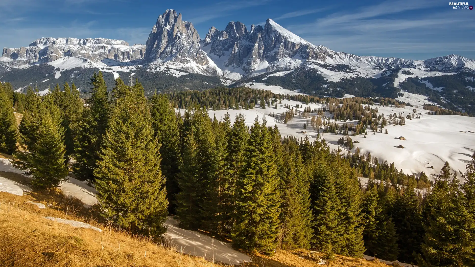 Sassolungo Mountains, winter, The Hills, Dolomites, Houses, Italy, viewes, Val Gardena Valley, Seiser Alm Meadow, trees, Sunrise