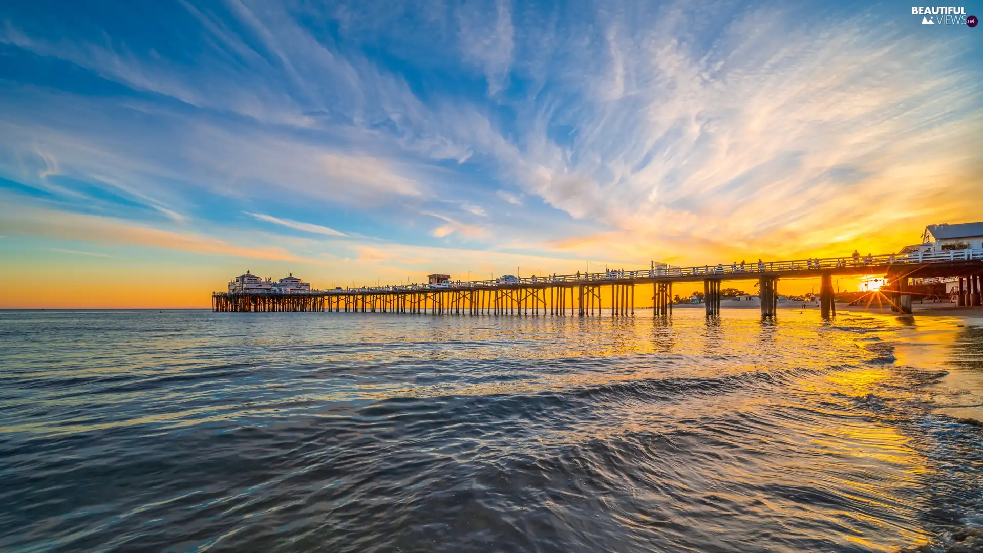 Sunrise, Beaches, California, pier, sea, Malibu, The United States