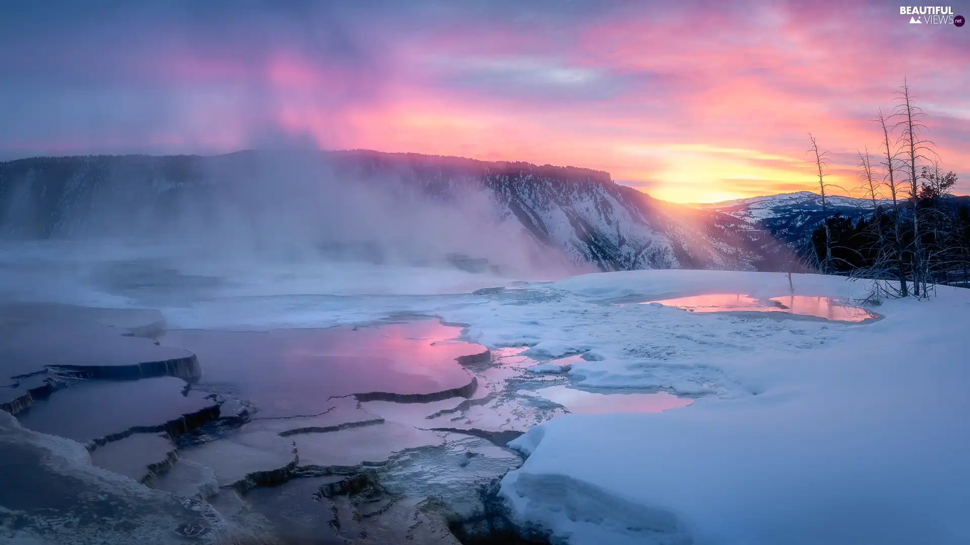 Sunrise, The United States, Mountains, winter, Yellowstone National Park