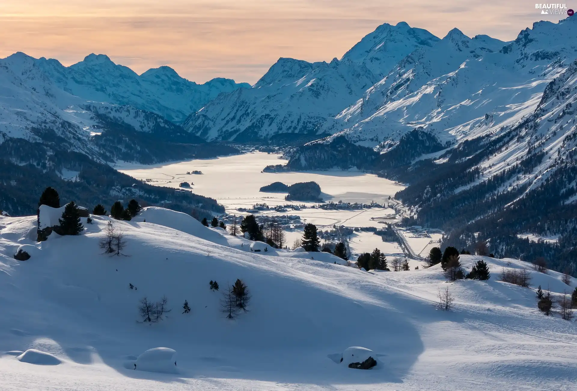 trees, winter, viewes, drifts, Canton Graubunden, Switzerland, Valley, Engadin Valley, Mountains