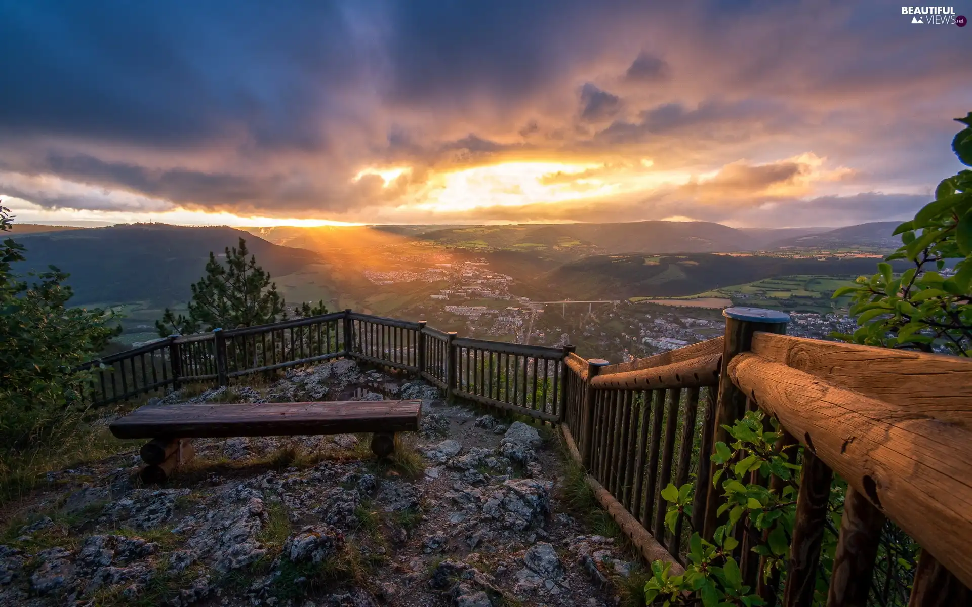 west, Mountains, terrace, sun