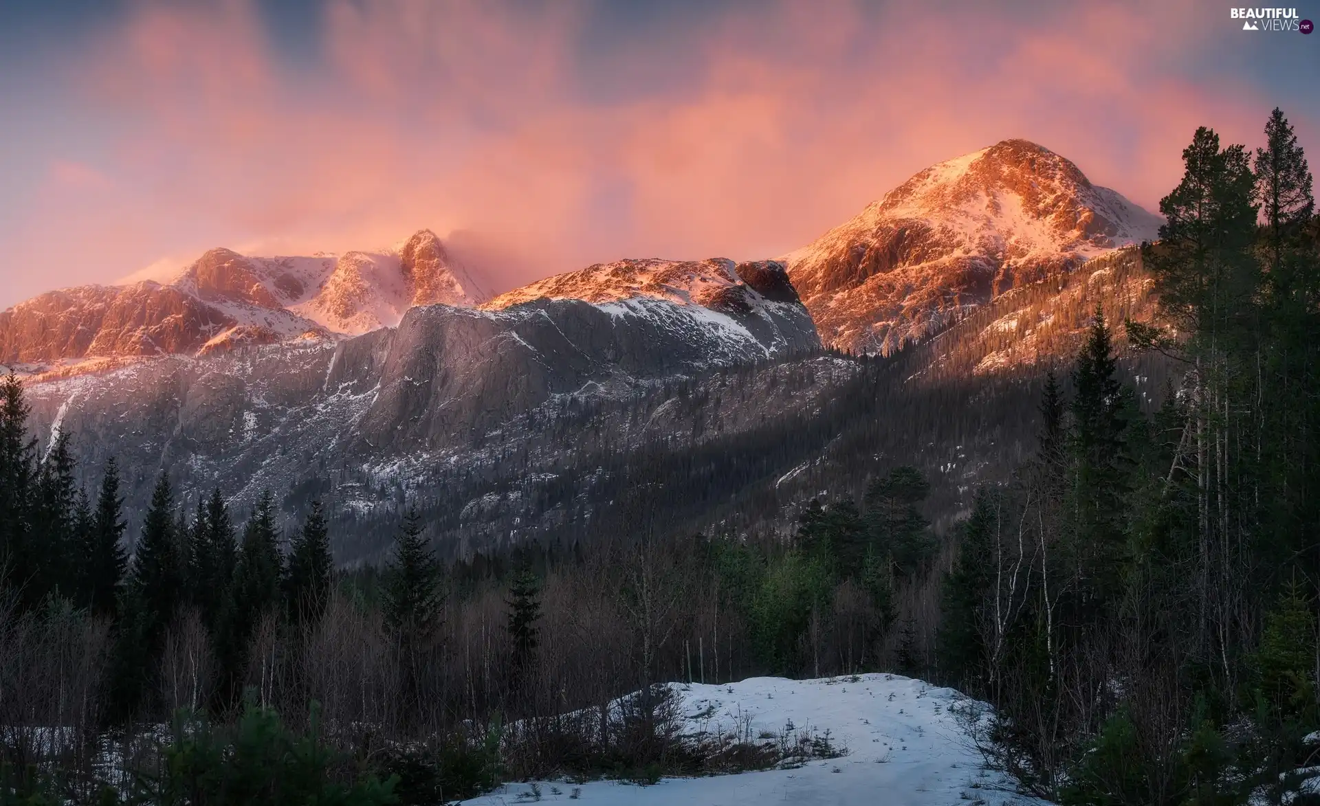 Hemsedal Commune, Hemsedal Top 20 Mountains, Sky, trees, Pink, Austlandet Region, Norway, viewes