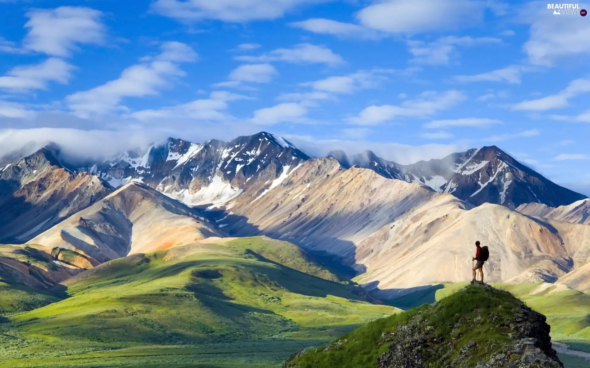 tourist, Mountains, Sky