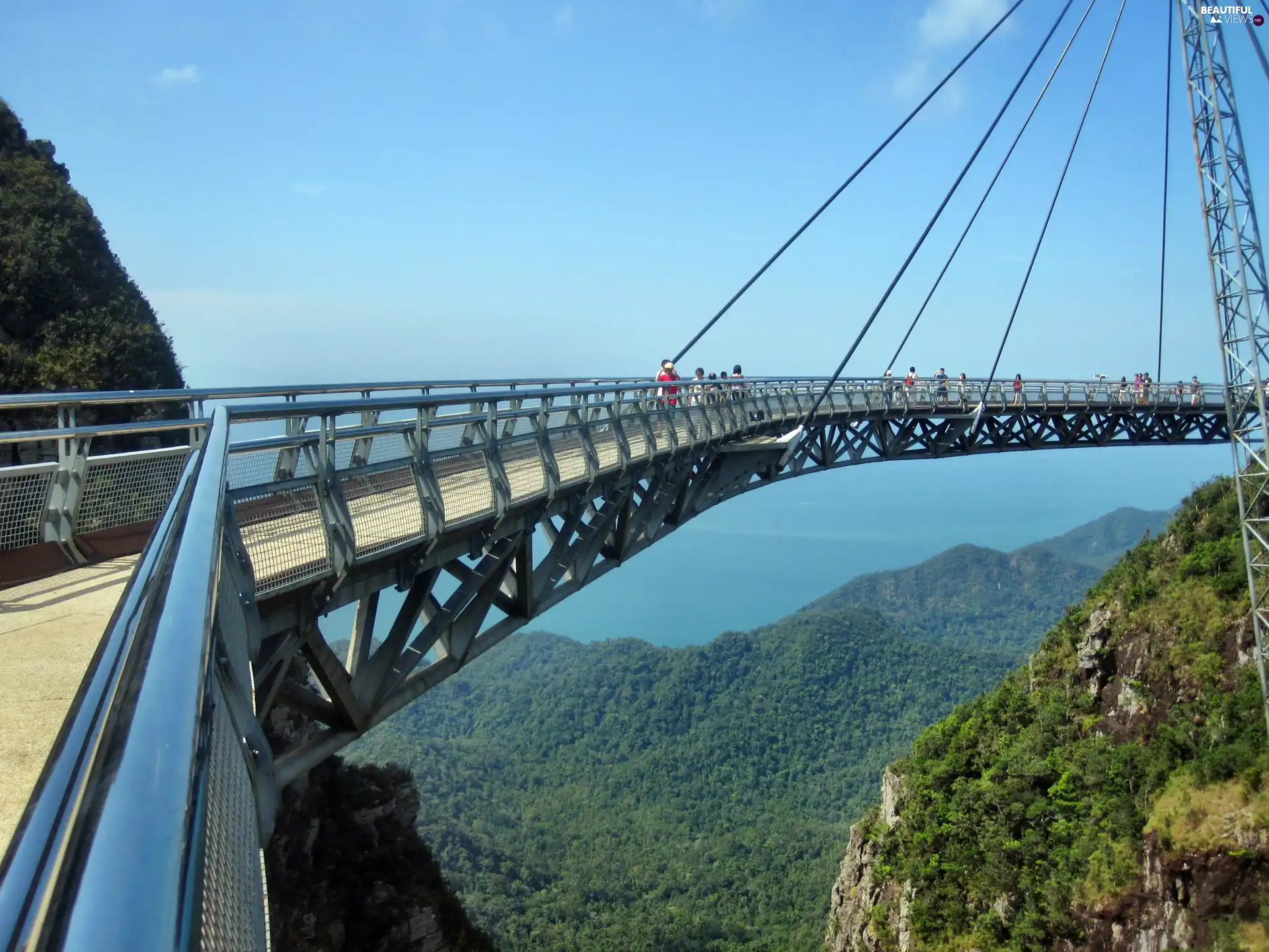 Mountains, bridge, Tourists, pendant