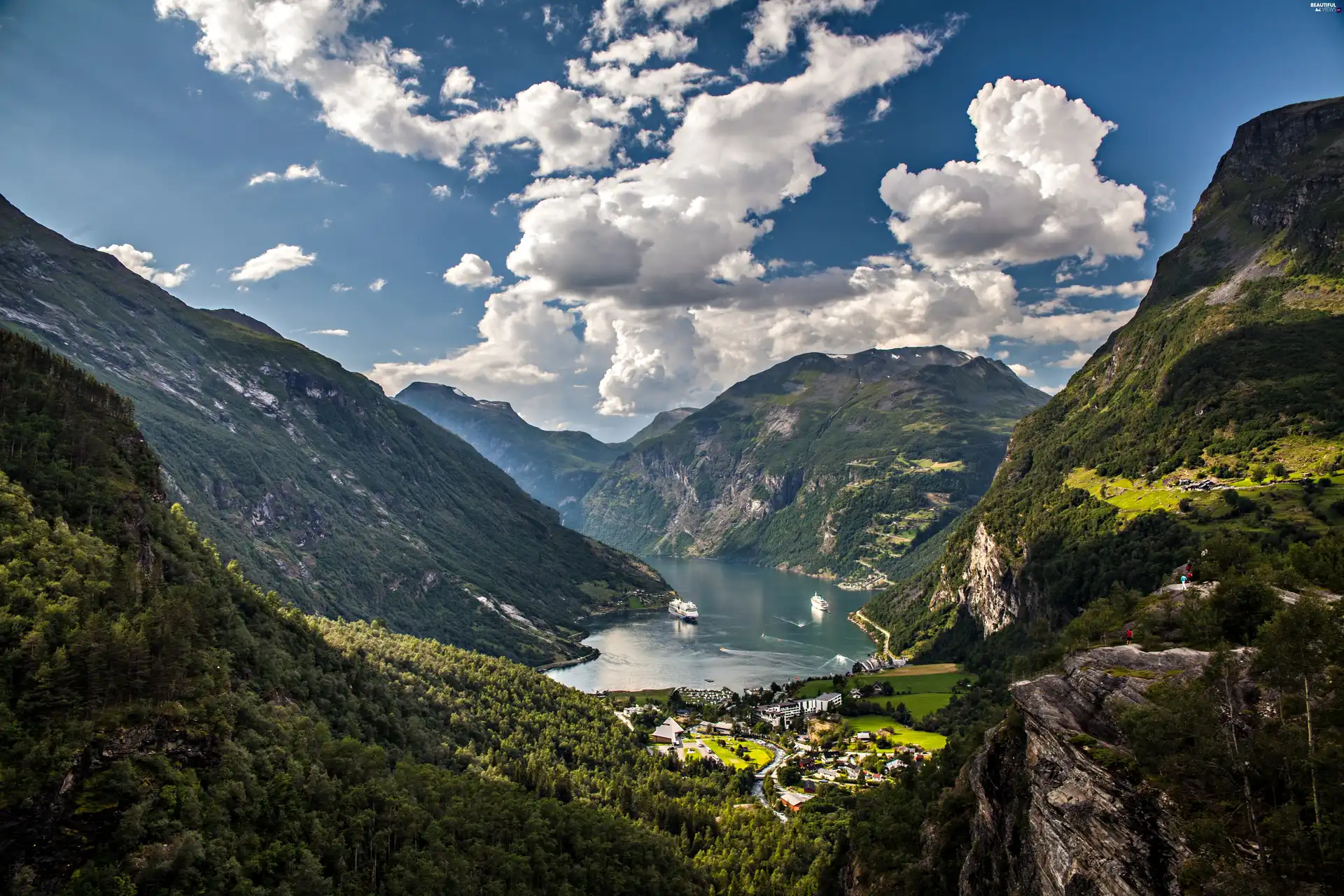 Mountains, Valley, Town, River