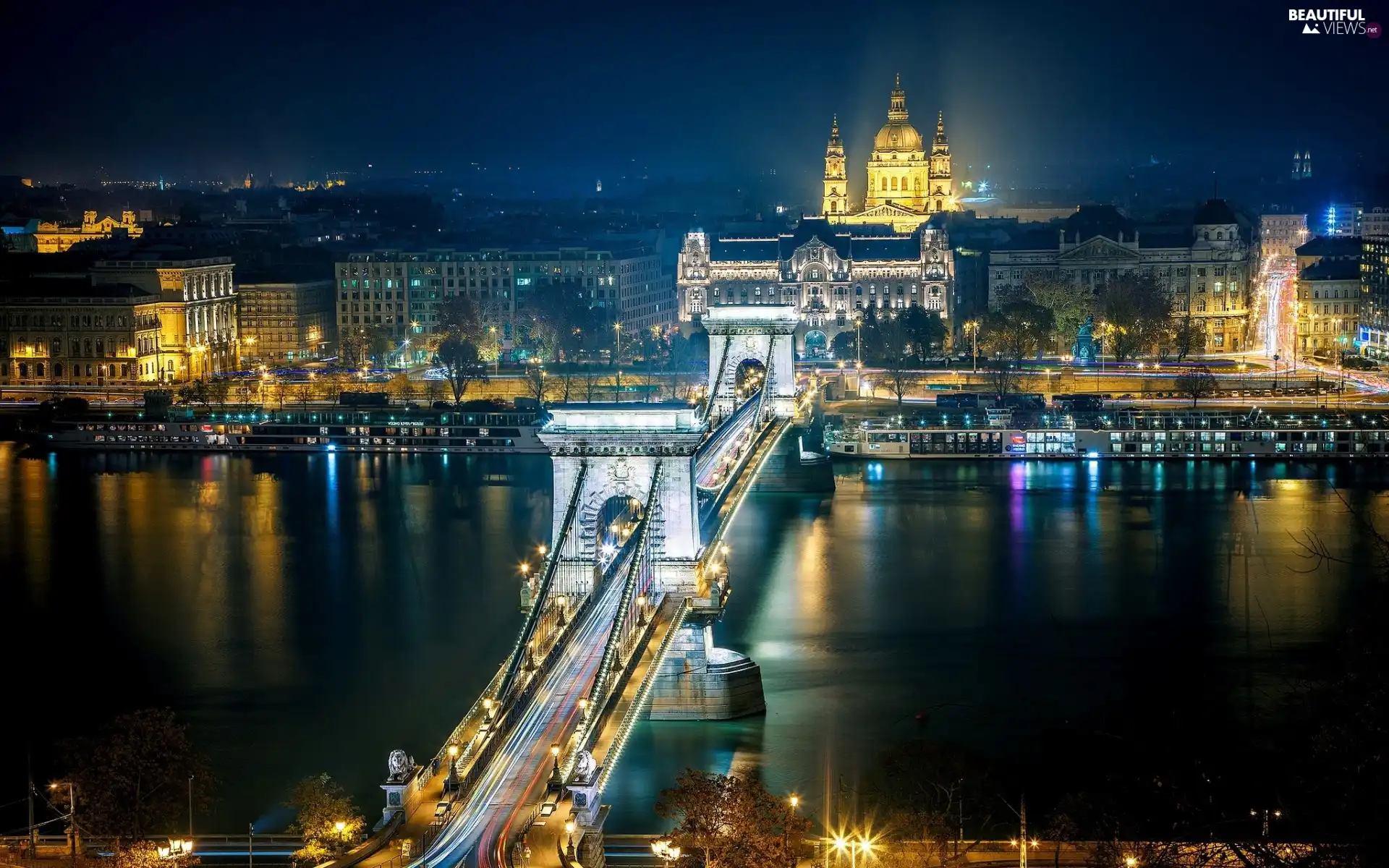 panorama, town, Hungary, Night, Danube, bridge, River, Budapest