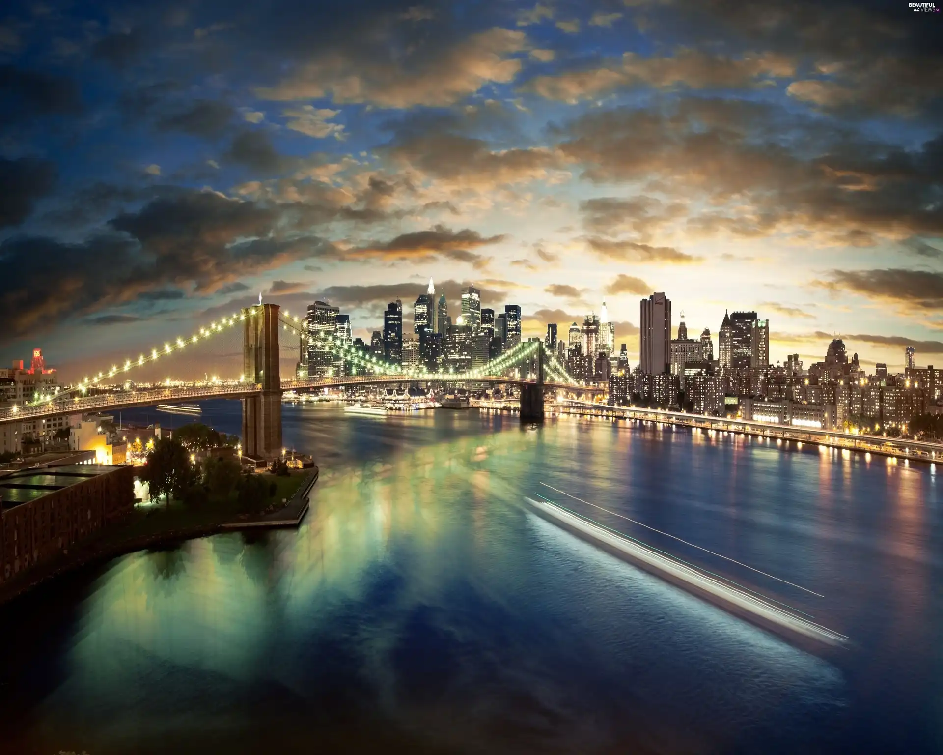 bridge, Town, New York, River