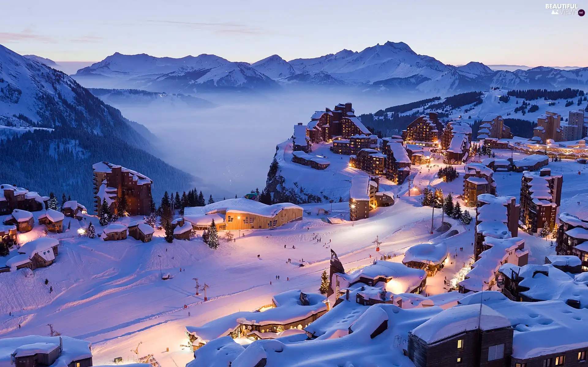 winter, illuminated, Town, Mountains