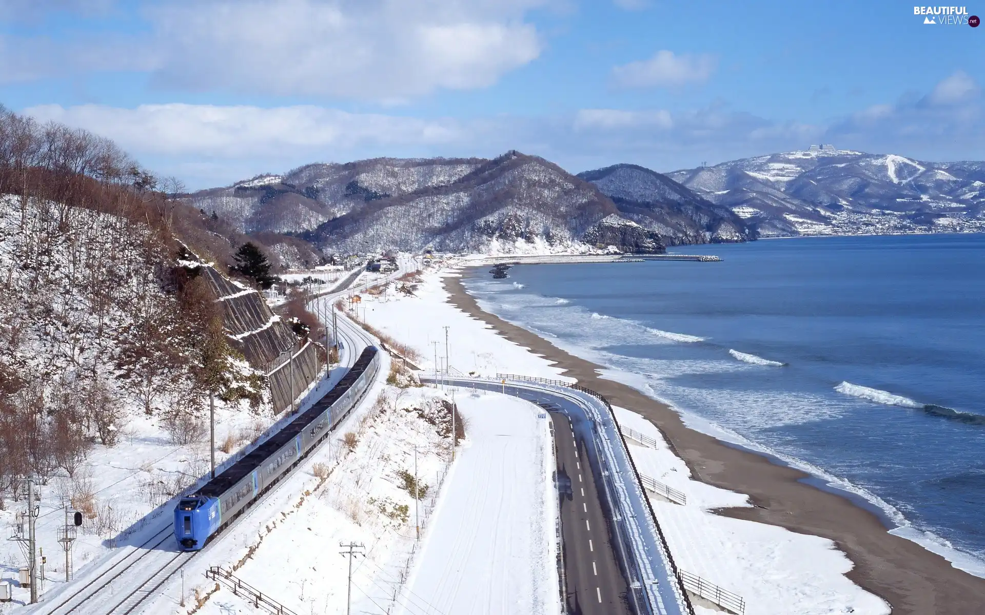 Train, winter, Mountains, Way, River