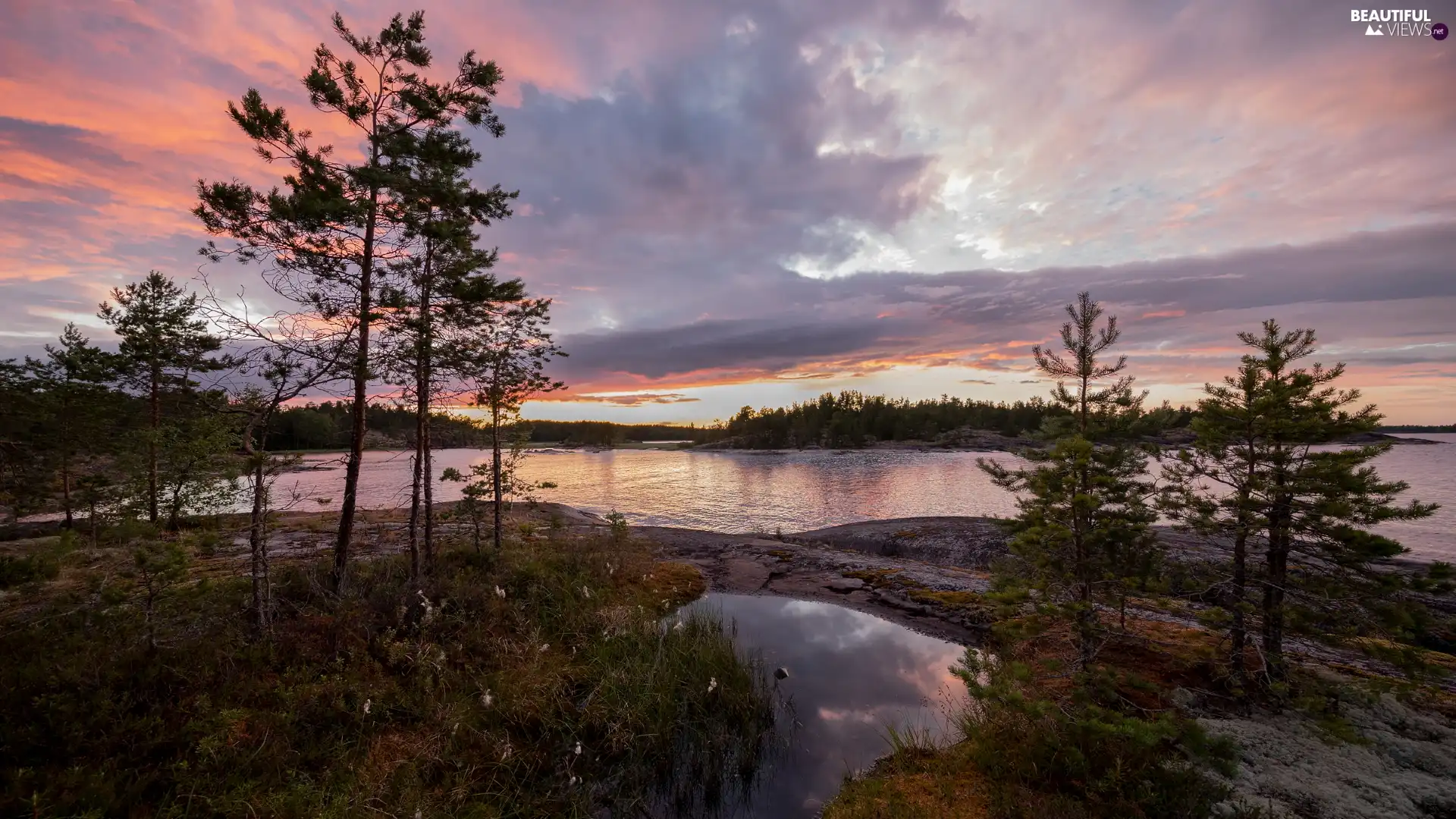 trees, viewes, Russia, clouds, Karelia, rocks, Lake Ladoga, Great Sunsets