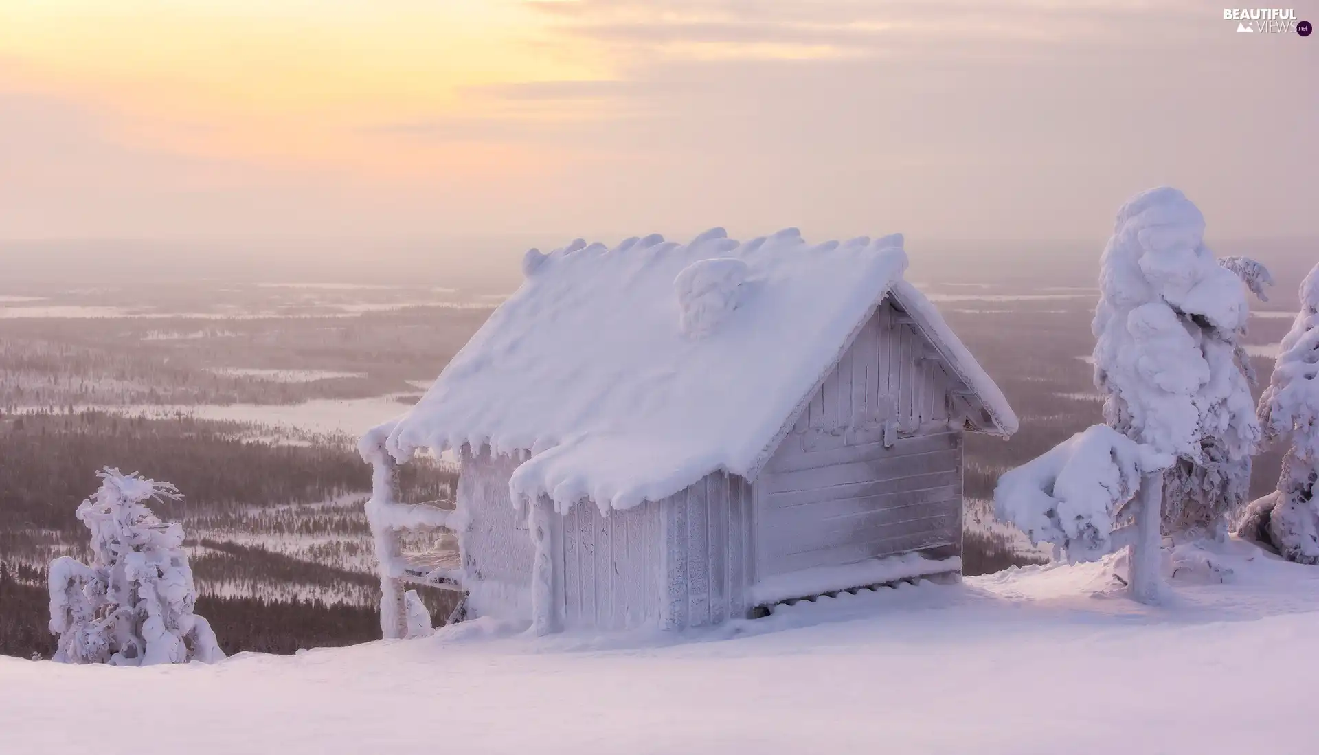 snowy, wooden, Hill, house, viewes, Mountains, winter, trees