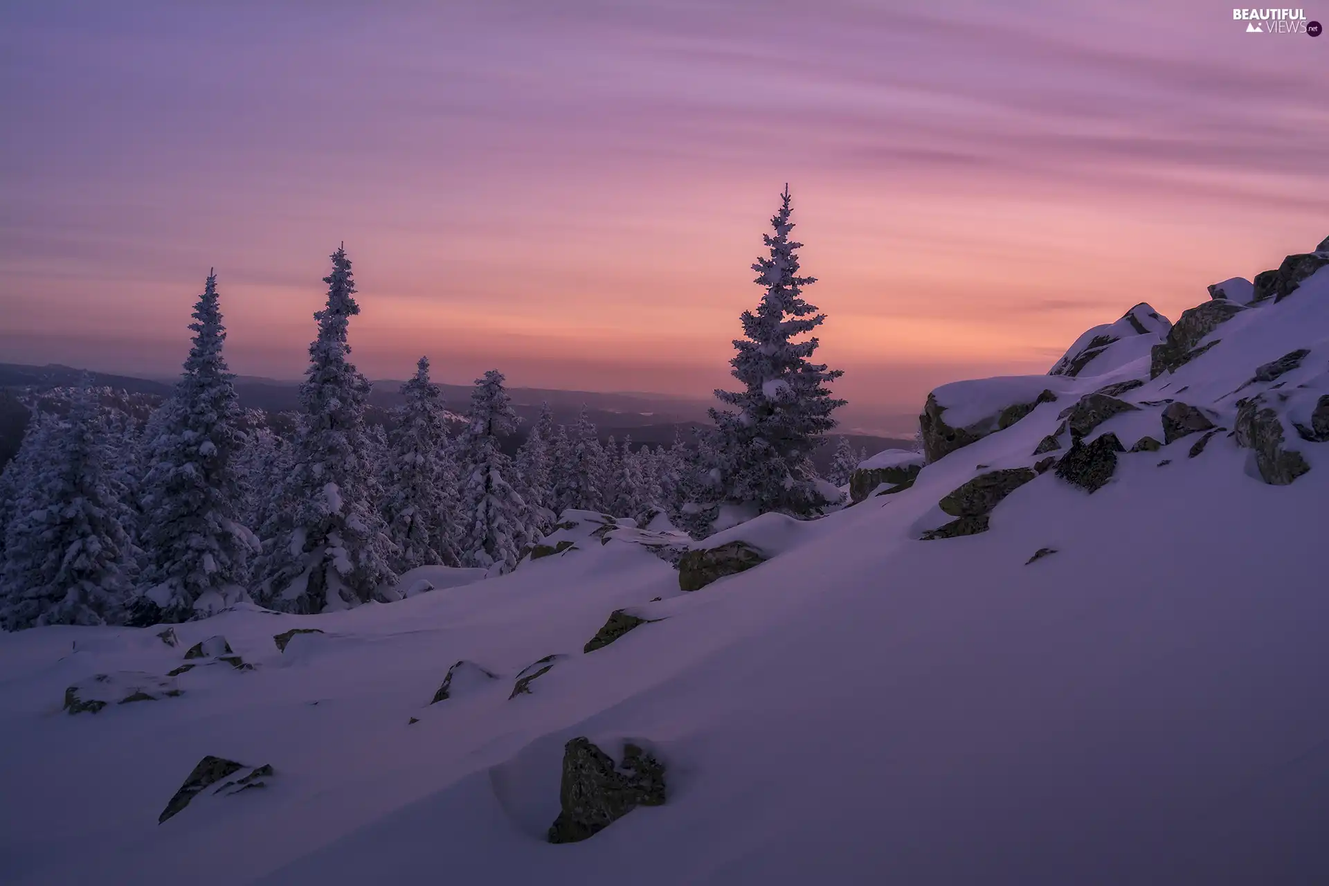 viewes, The Hills, winter, Great Sunsets, Stones, trees