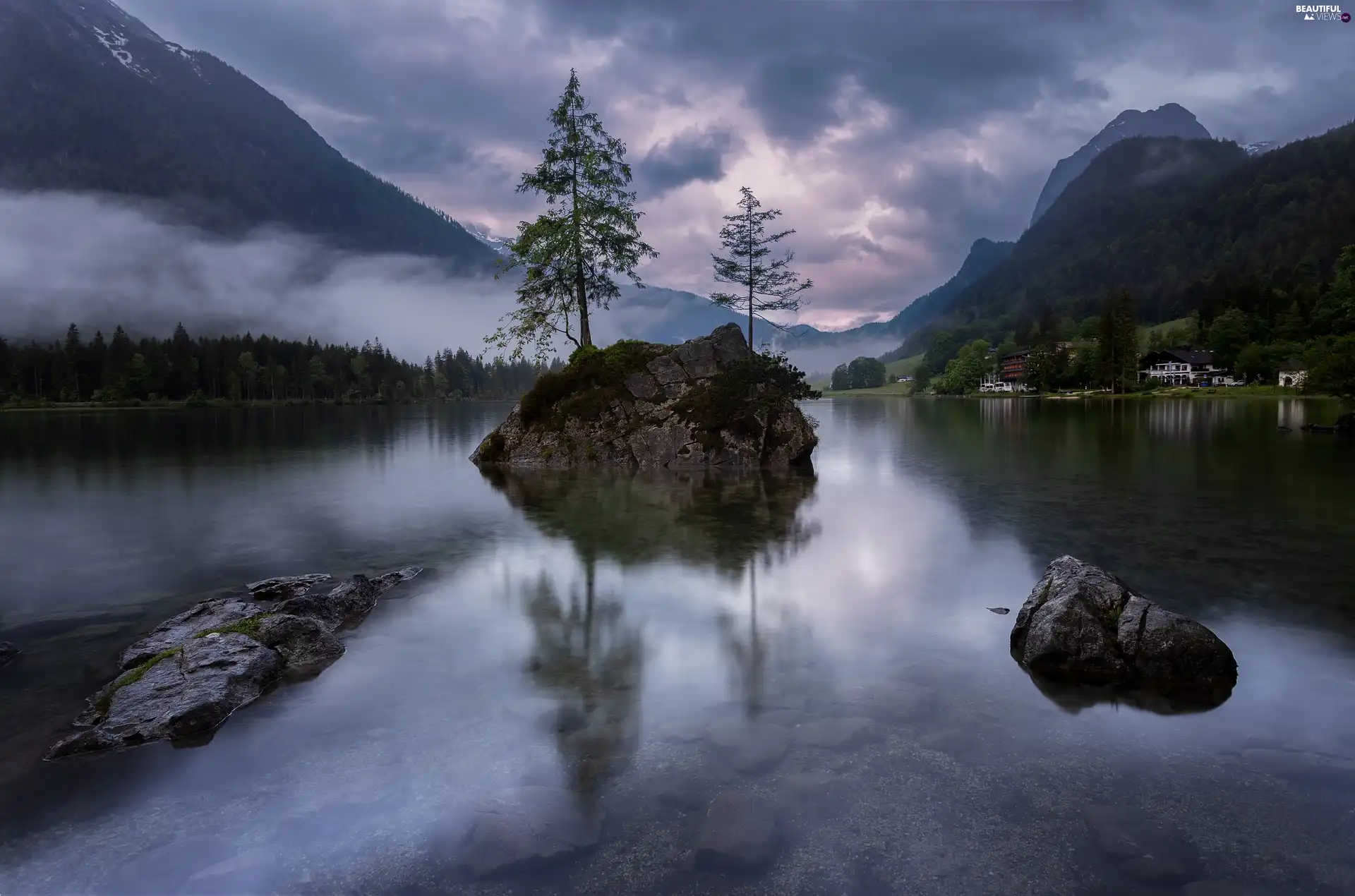 trees, viewes, Germany, rocks, Bavaria, Alps Mountains, Lake Hintersee, Stones