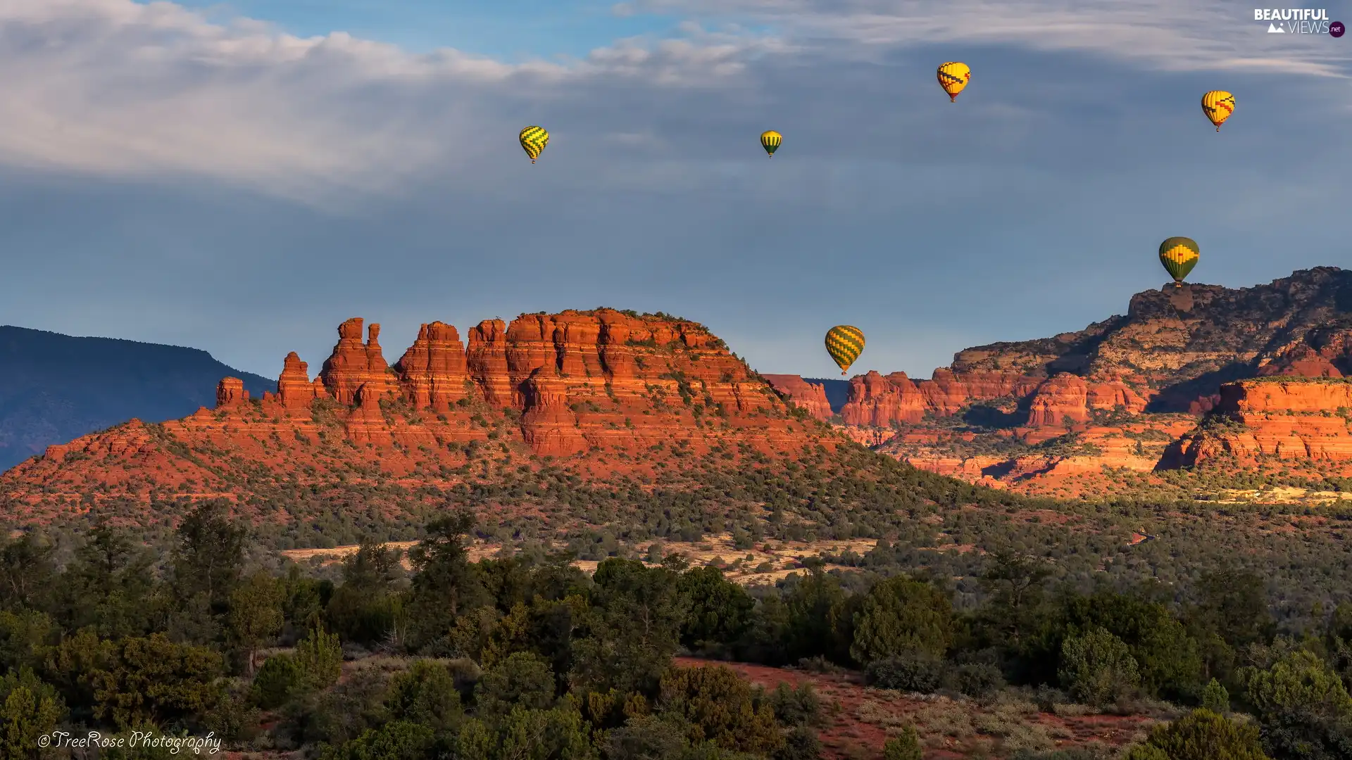 trees, viewes, The United States, Balloons, Arizona, Mountains, rocks, Sedona