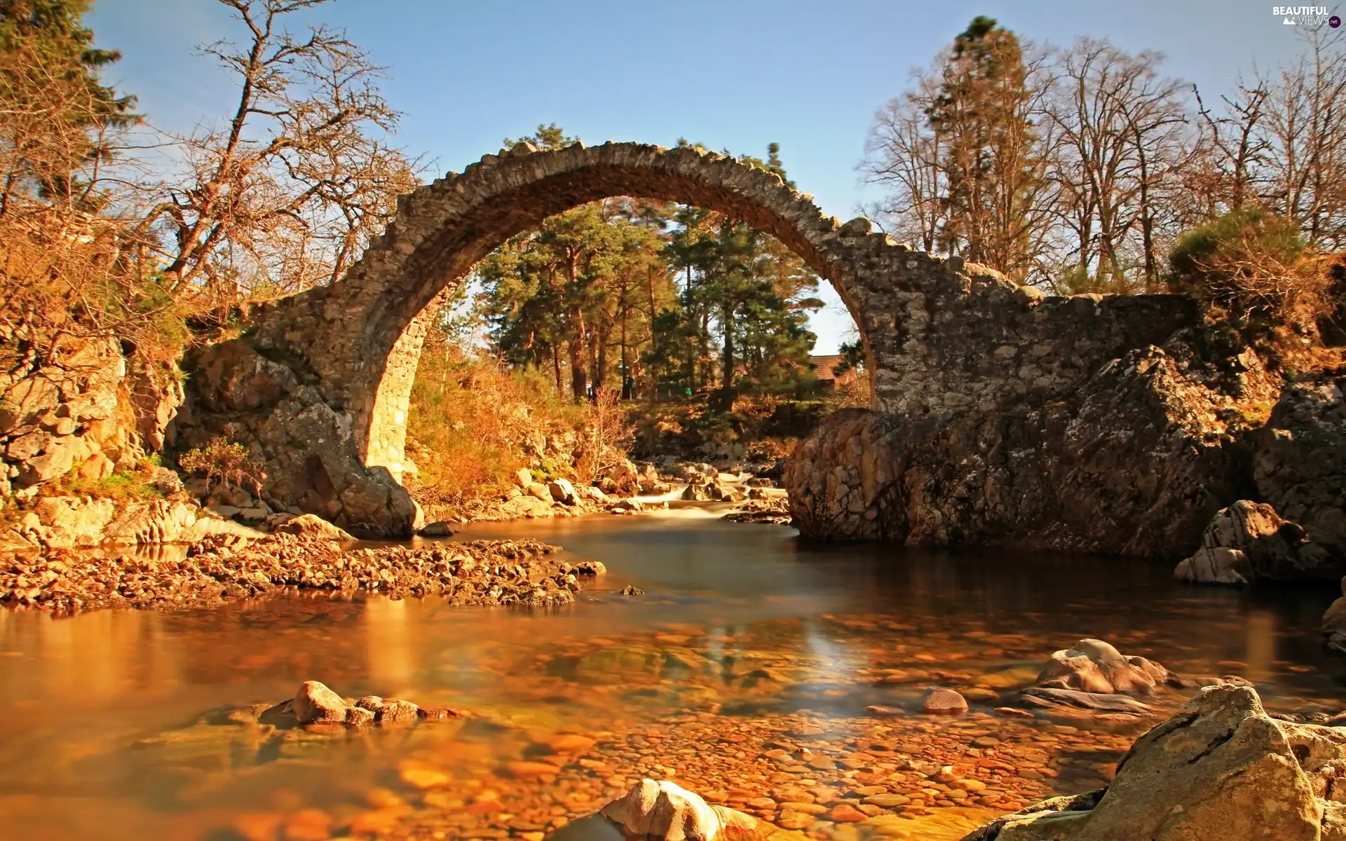 bridge, Old car, viewes, stone, River, trees, ruin