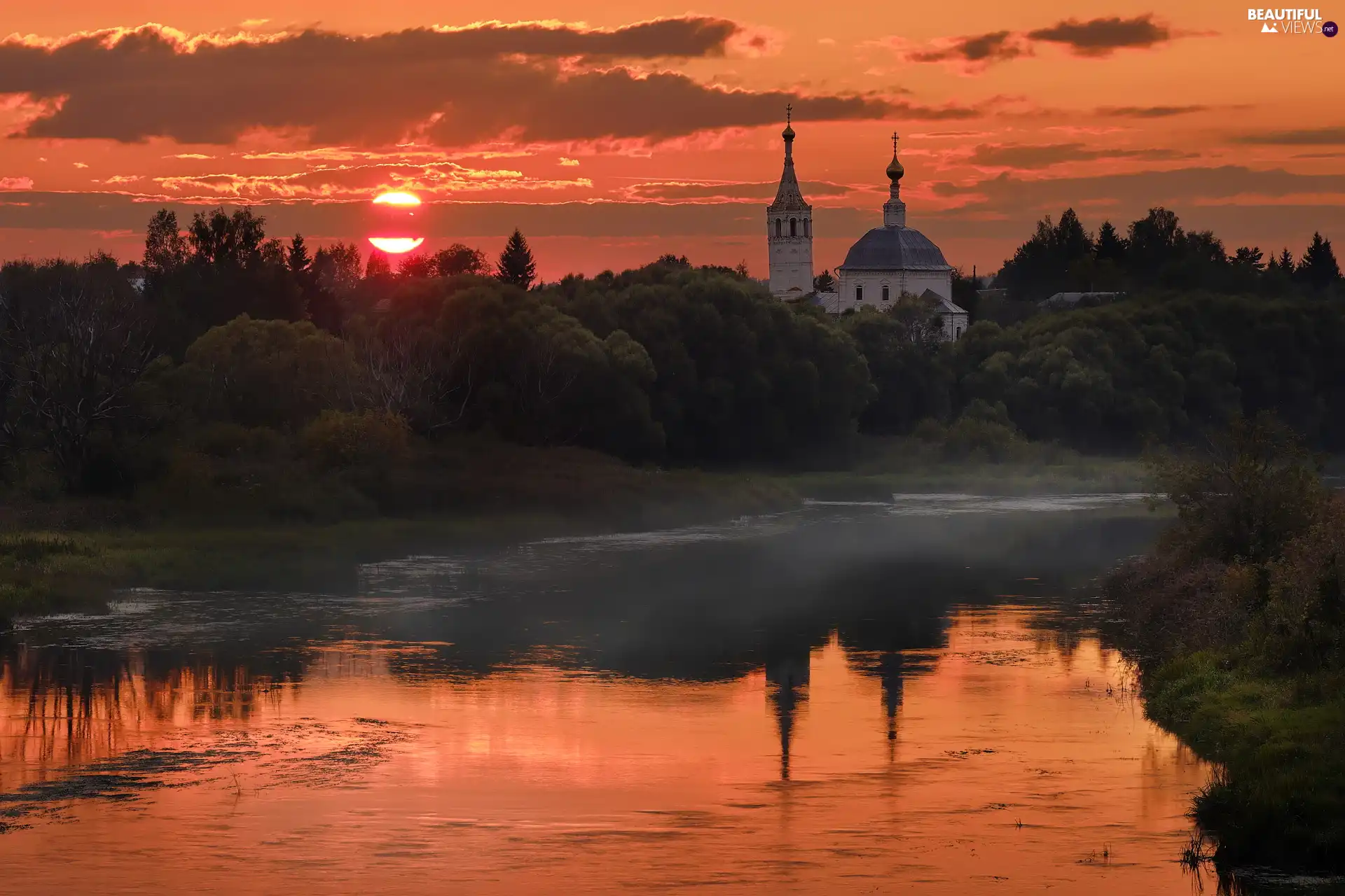 viewes, Cerkiew, River, trees, Great Sunsets