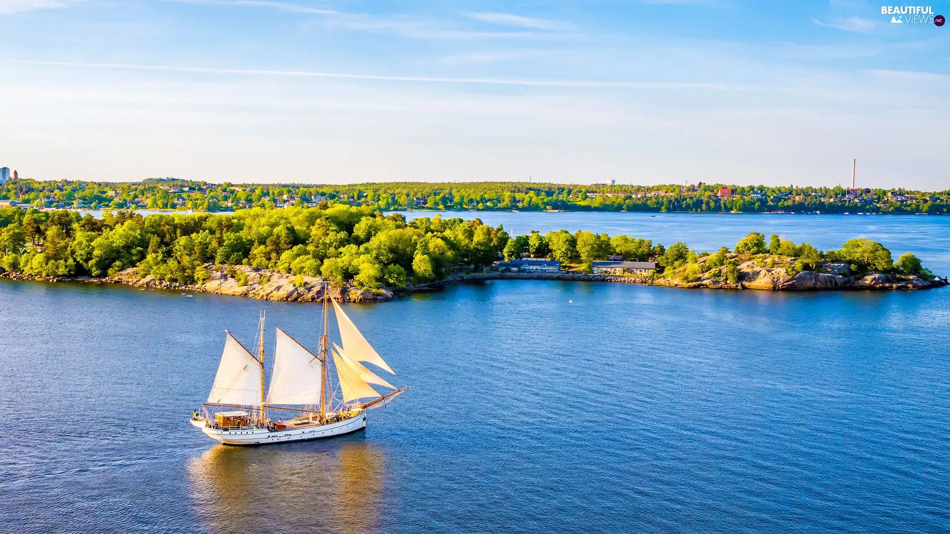 viewes, Bay, Vaxholm, trees, lake, Yacht, Sweden