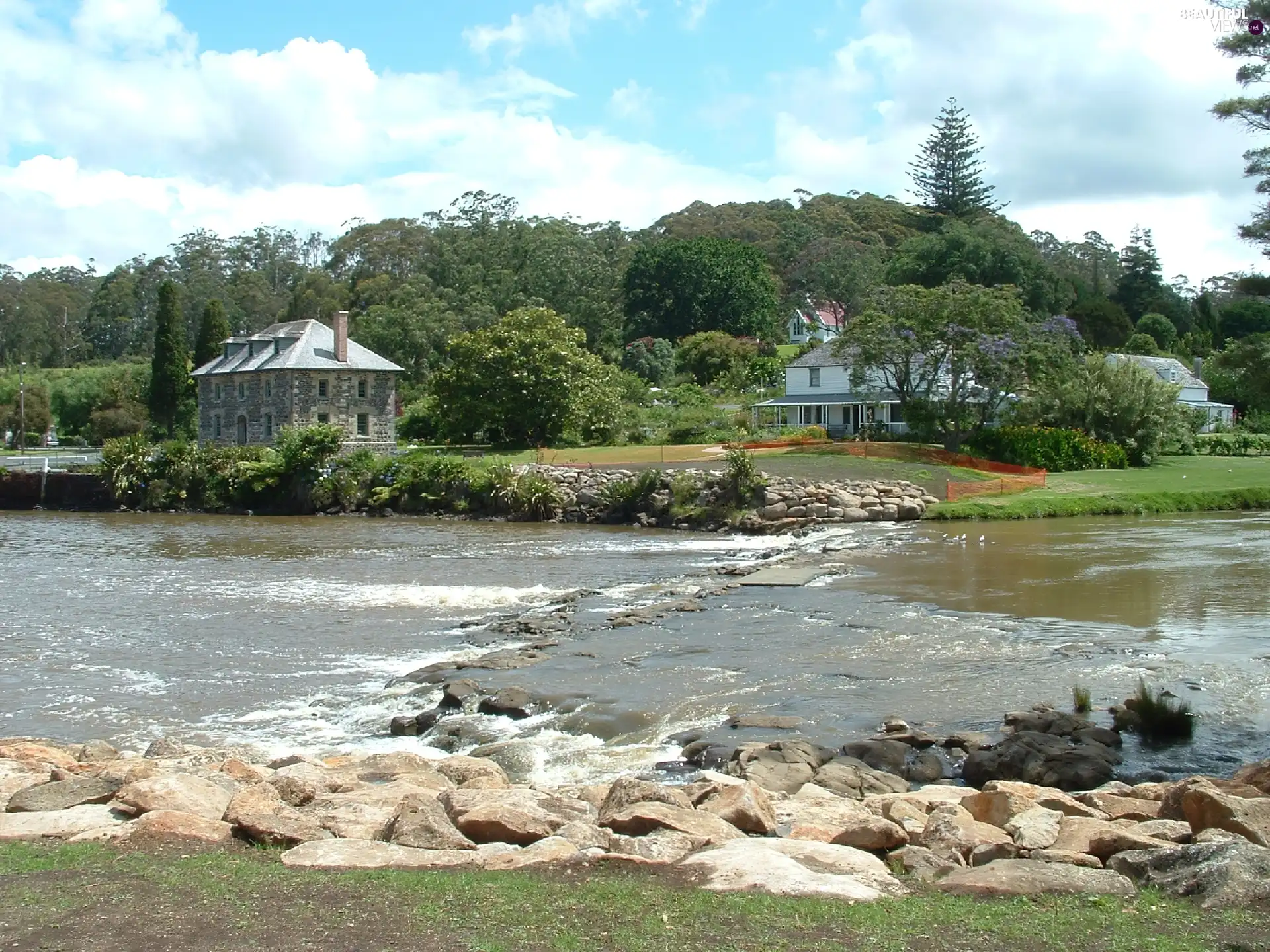 Stones, Kerikeri, trees, viewes, Houses, water