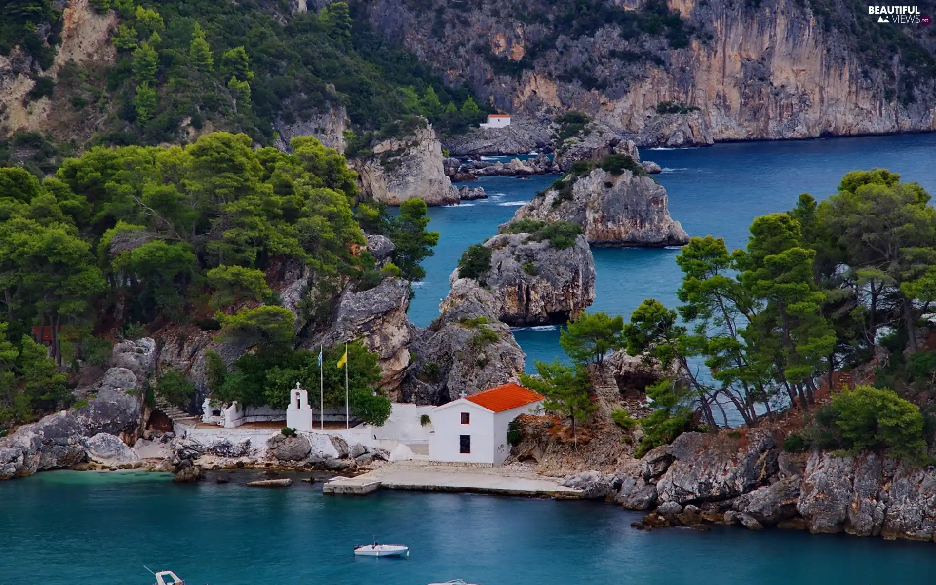 rocks, chapel, trees, viewes, lake, Mountains