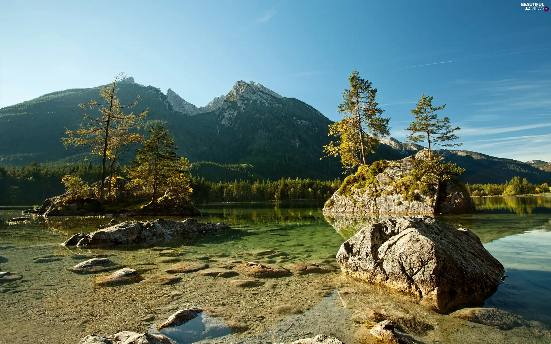 trees, viewes, rocks, Mountains, lake