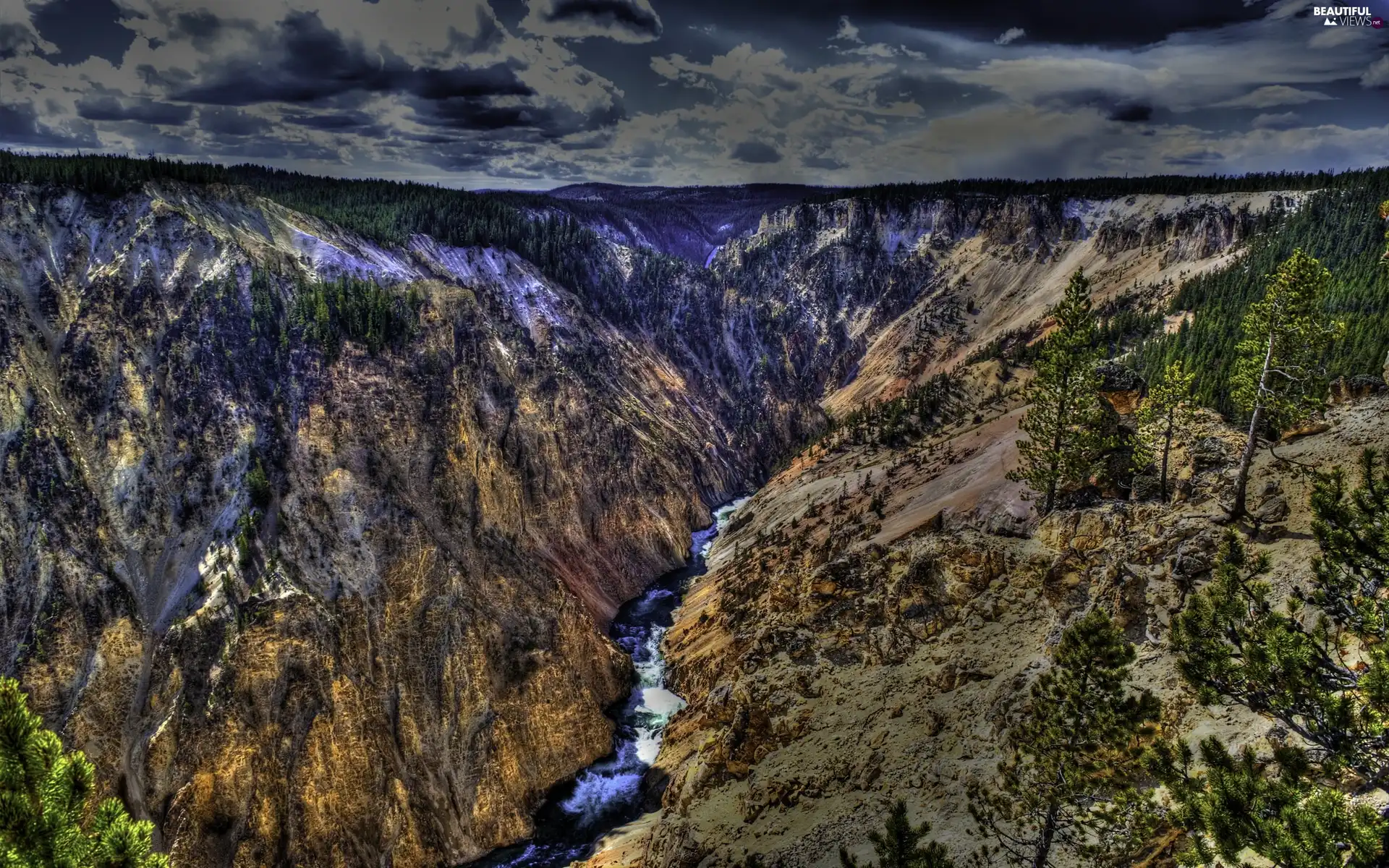 trees, viewes, stream, clouds, Mountains