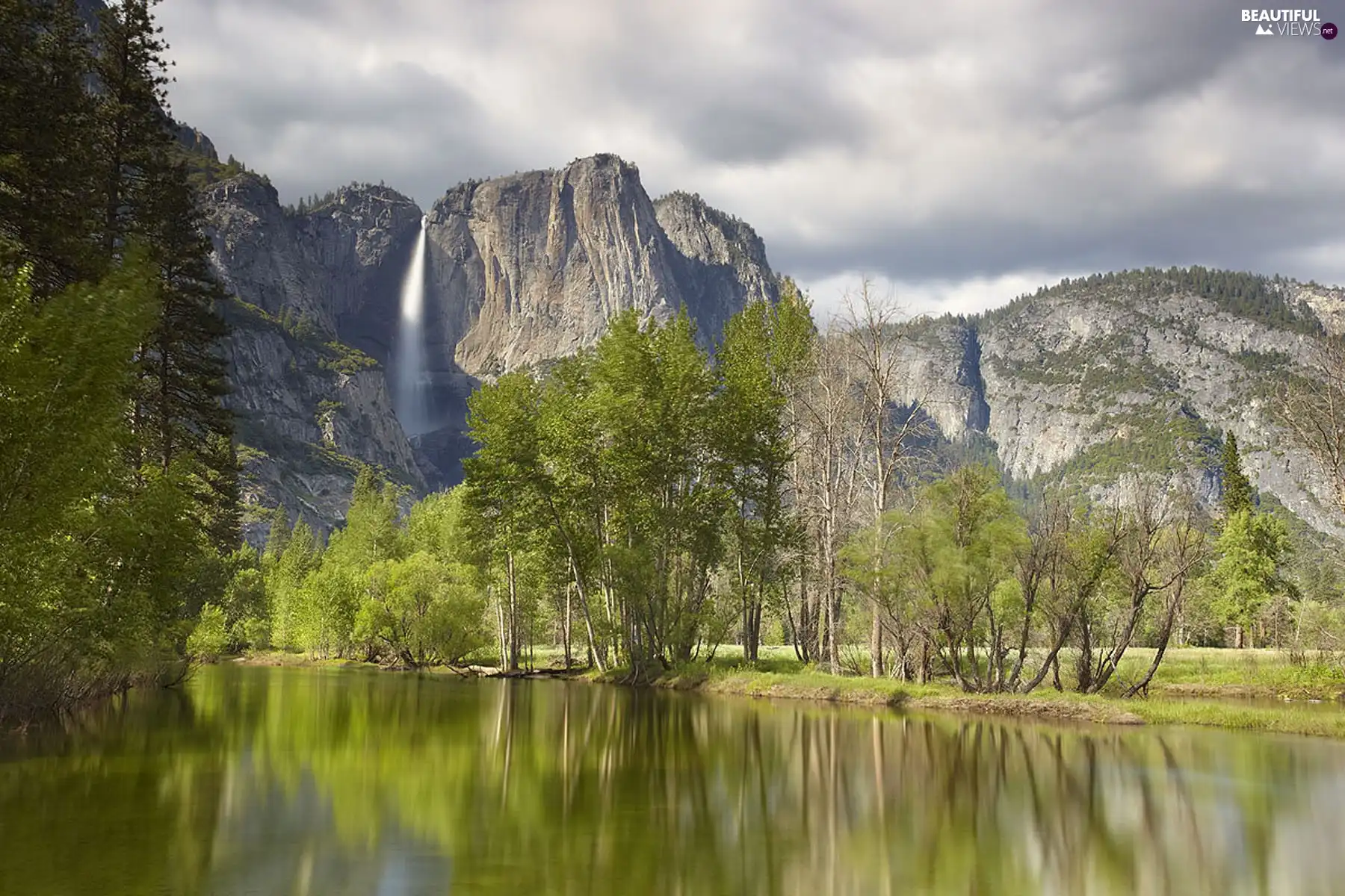 trees, viewes, waterfall, lake, Mountains