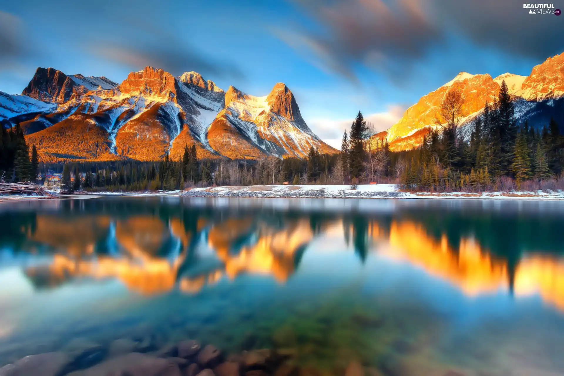 trees, viewes, lake, reflection, Mountains