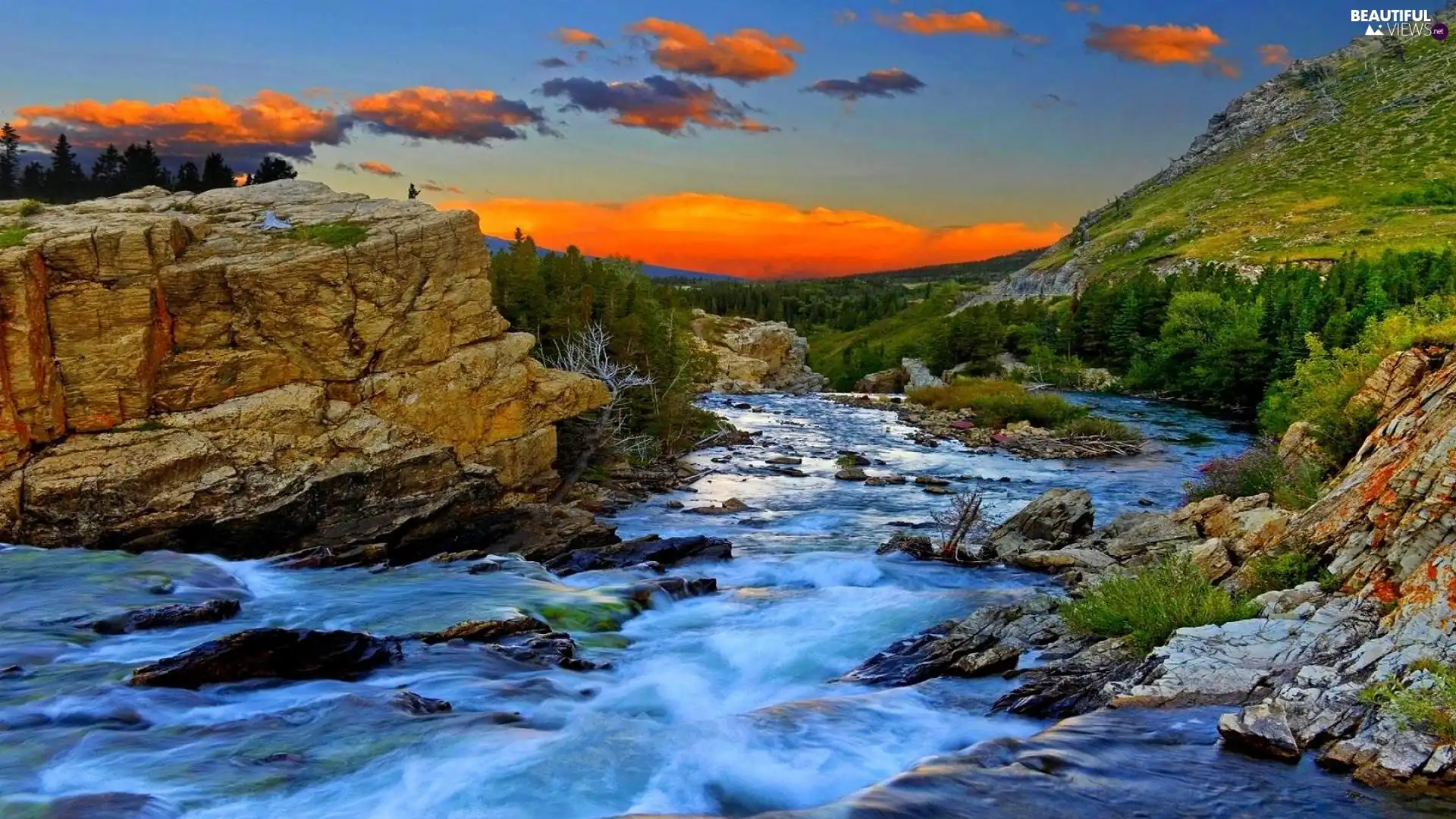 River, west, trees, viewes, rocks, sun