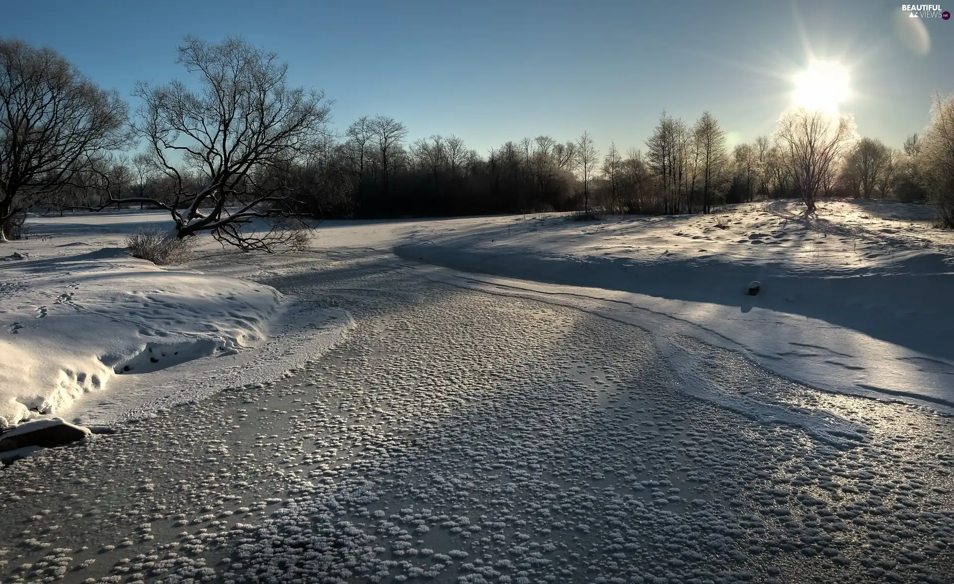 sun, Frozen, trees, viewes, Sky, River