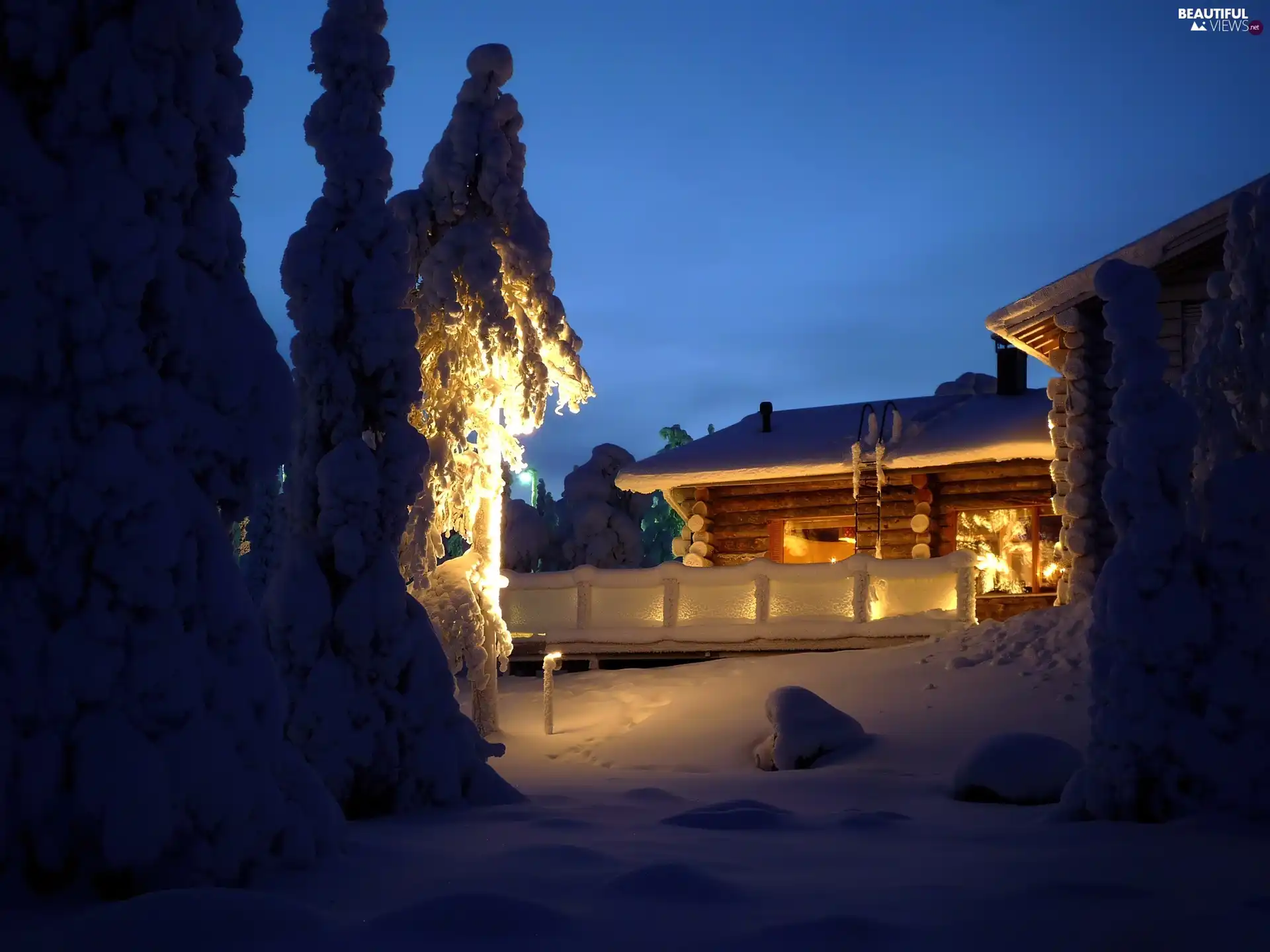 house, winter, trees, viewes, Snowy, Floodlit