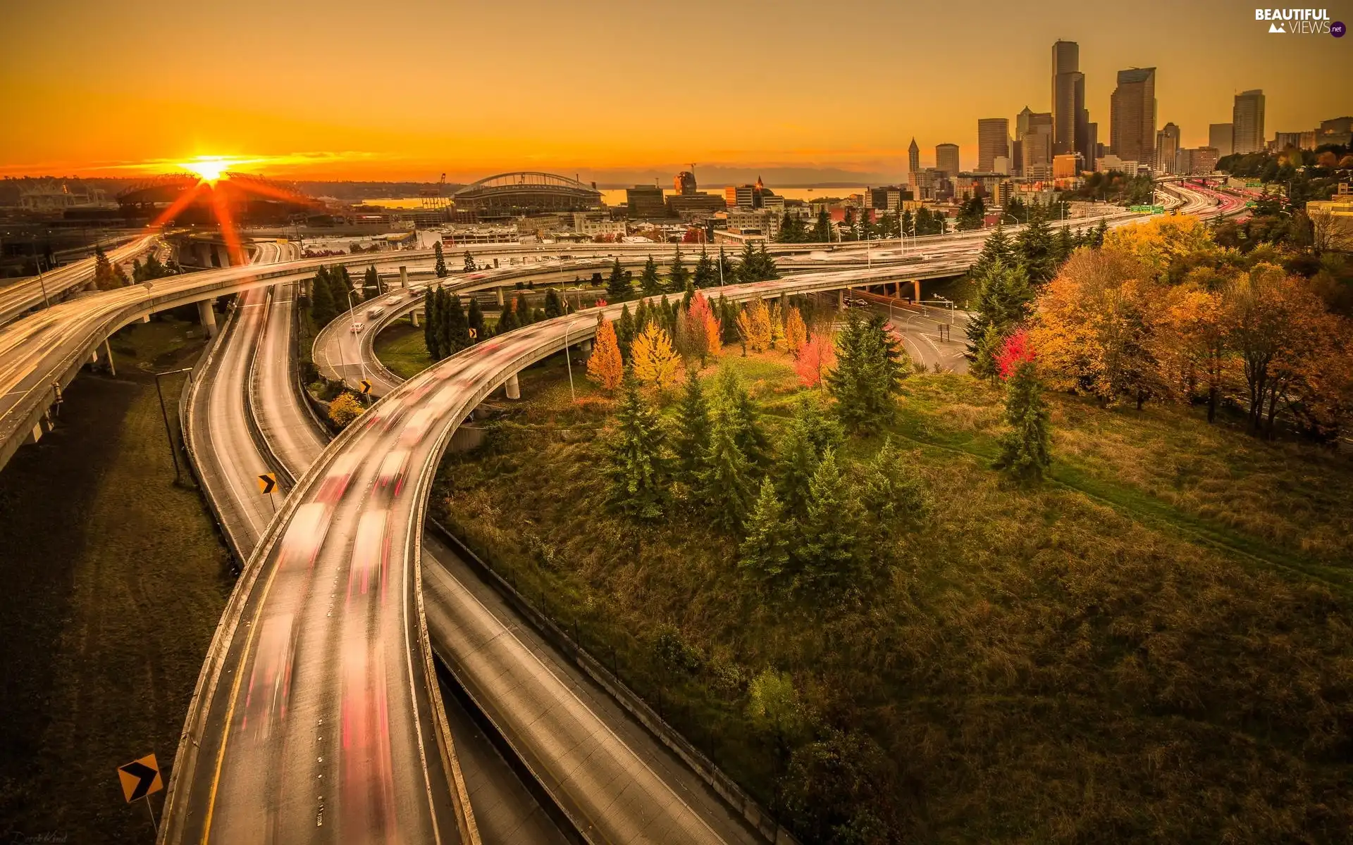 Bridges, west, trees, viewes, Town, sun