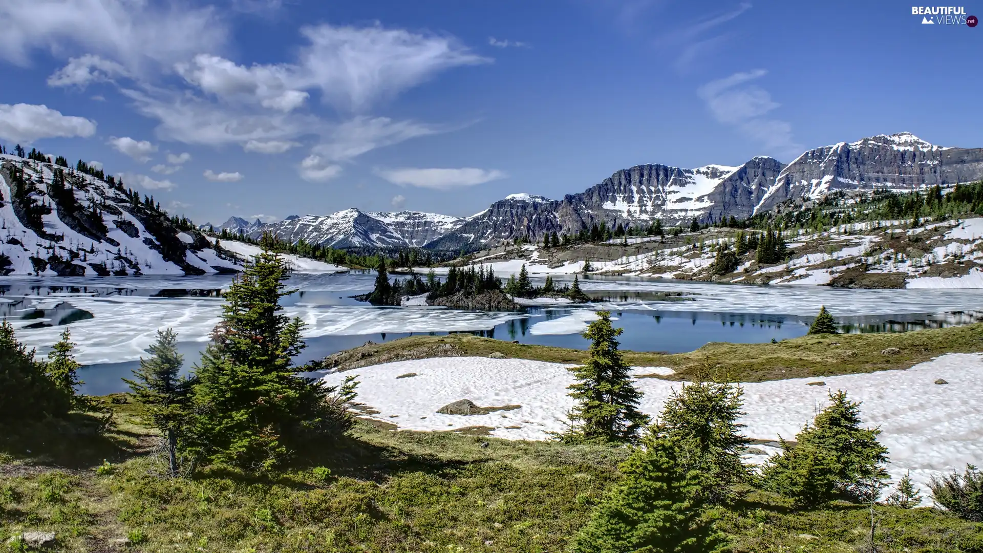 trees, viewes, Mountains, lake, winter