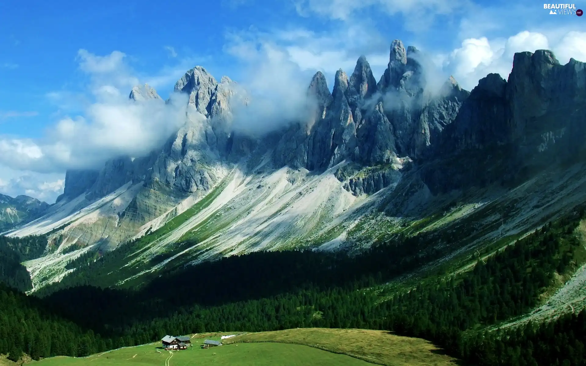 Mountains, forest, Valley, clouds