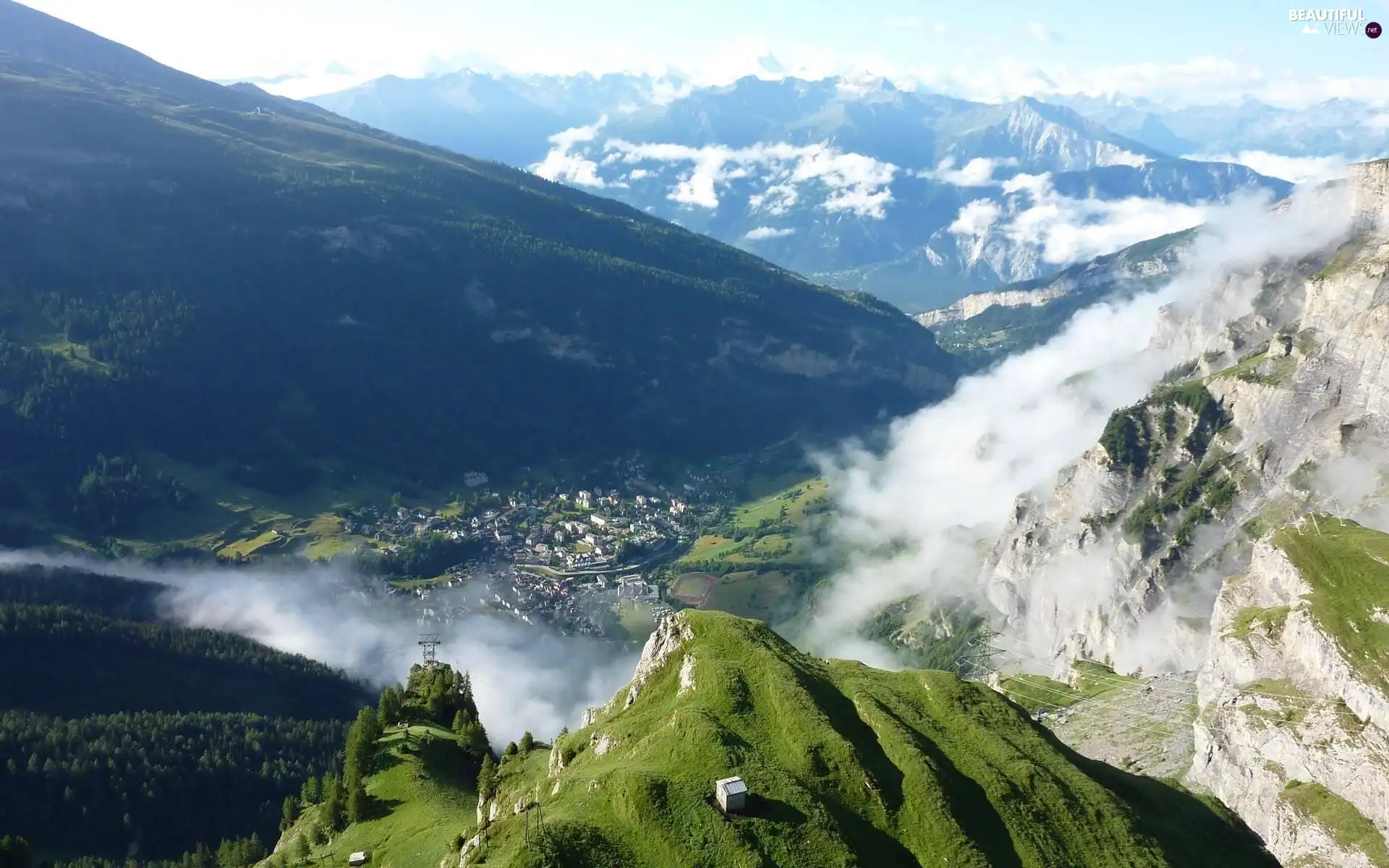 ##, Valley, clouds, Town, Mountains