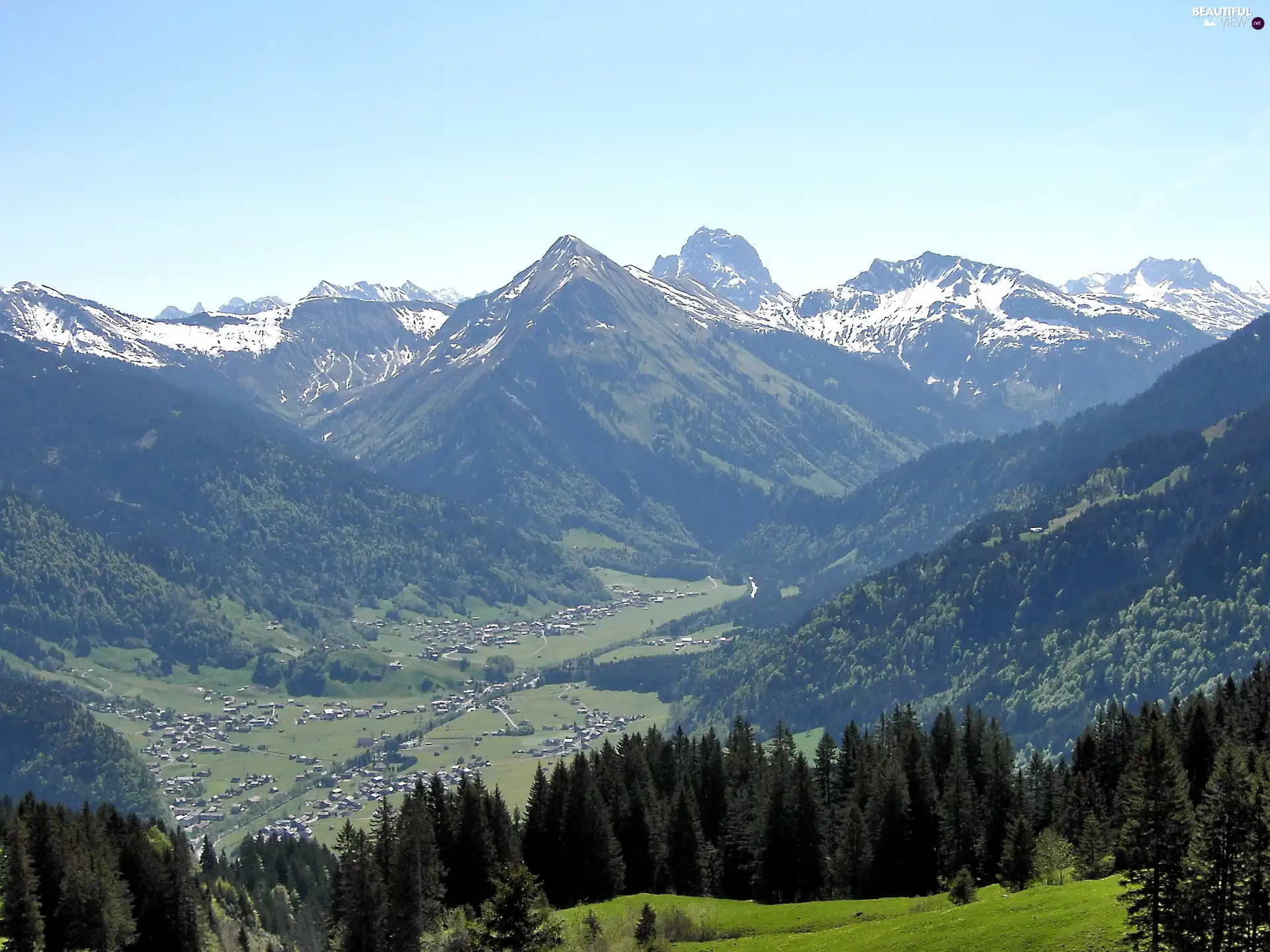 Mountains, Austria, trees, Snowy, Kanisfluh, Valley, viewes