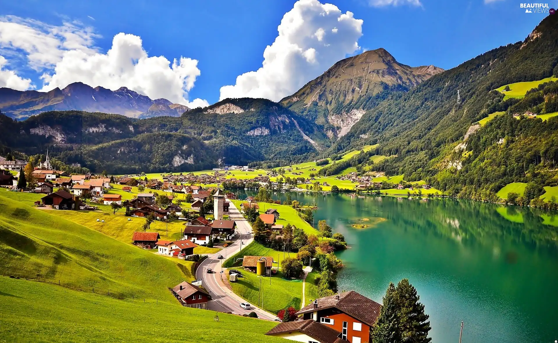 Valley, village, Alps, lake, Mountains